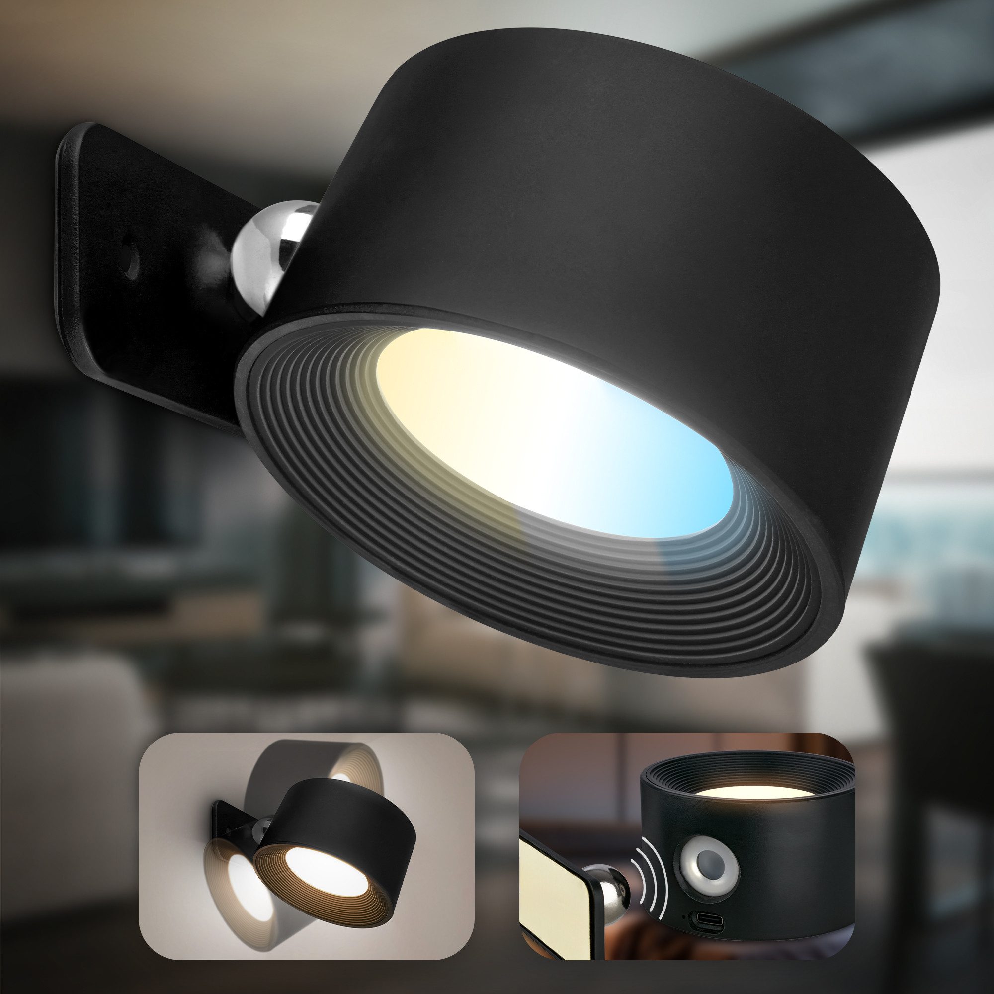 B.K.Licht LED Wandleuchte BKL1597 Magnetische Akku Wandlampe, 3-Stufen Dimmer, mit USB-C, CCT - über Fernbedienung, LED fest integriert, Tageslichtweiß, CCT-Fun – Bild 5 von 5