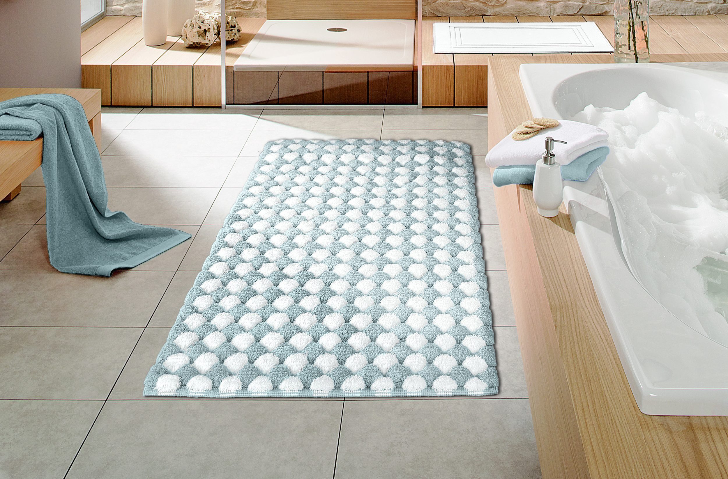 Kleine Wolke Badematte Merida 1, Höhe 17 mm, rutschhemmend beschichtet, fußbodenheizungsgeeignet, Baumwolle, quadratisch, Badteppich, modernes Design, Hoch-Tief Effekt, waschbar