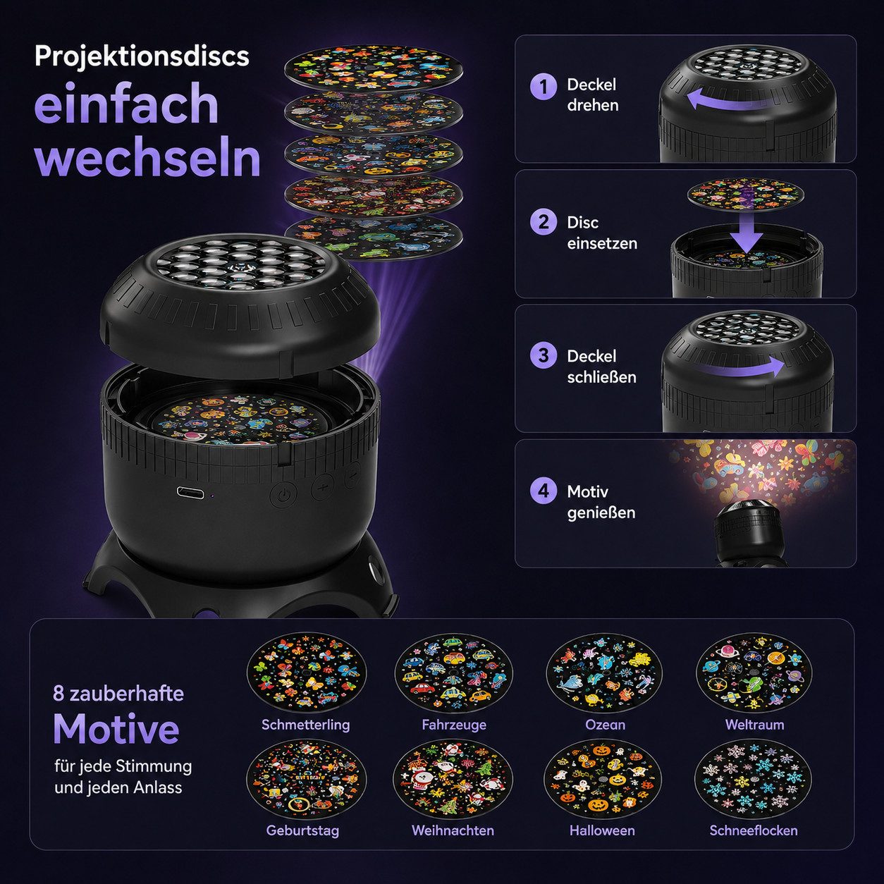Vornix Projektionslampe Projektionslampe mit 8 Wechselmotiven, Nachtlicht Projektor für Kinderzimmer, drehbare Projektion, USB-C, 0,8–3,2 m Projektionsabstand – Bild 4 von 5