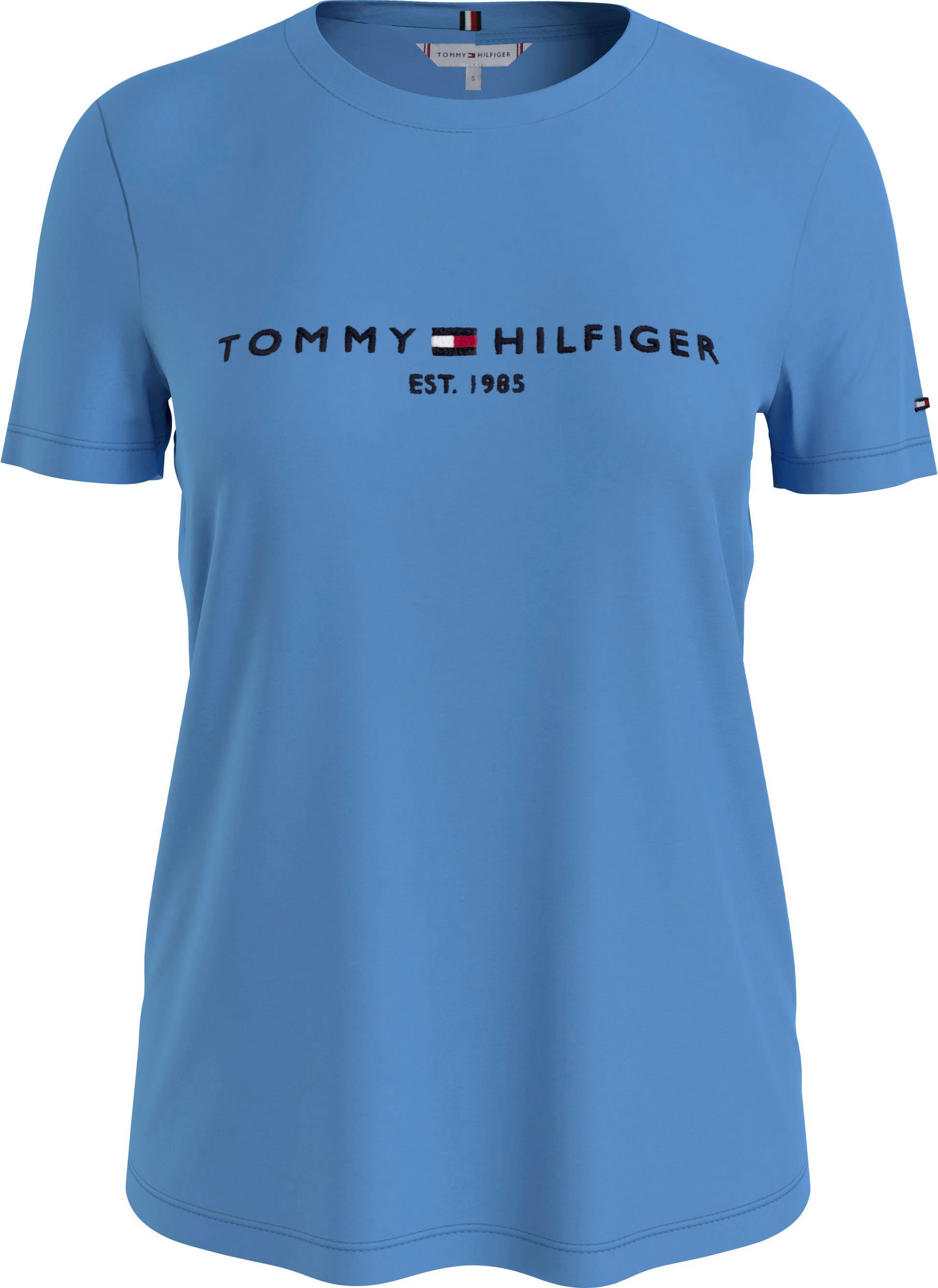 Hilfiger Hydrangea Blue SS Tommy REGULAR großem mit TEE Tommy Logoschriftzug C-NK Rundhalsshirt HILFIGER Hilfiger