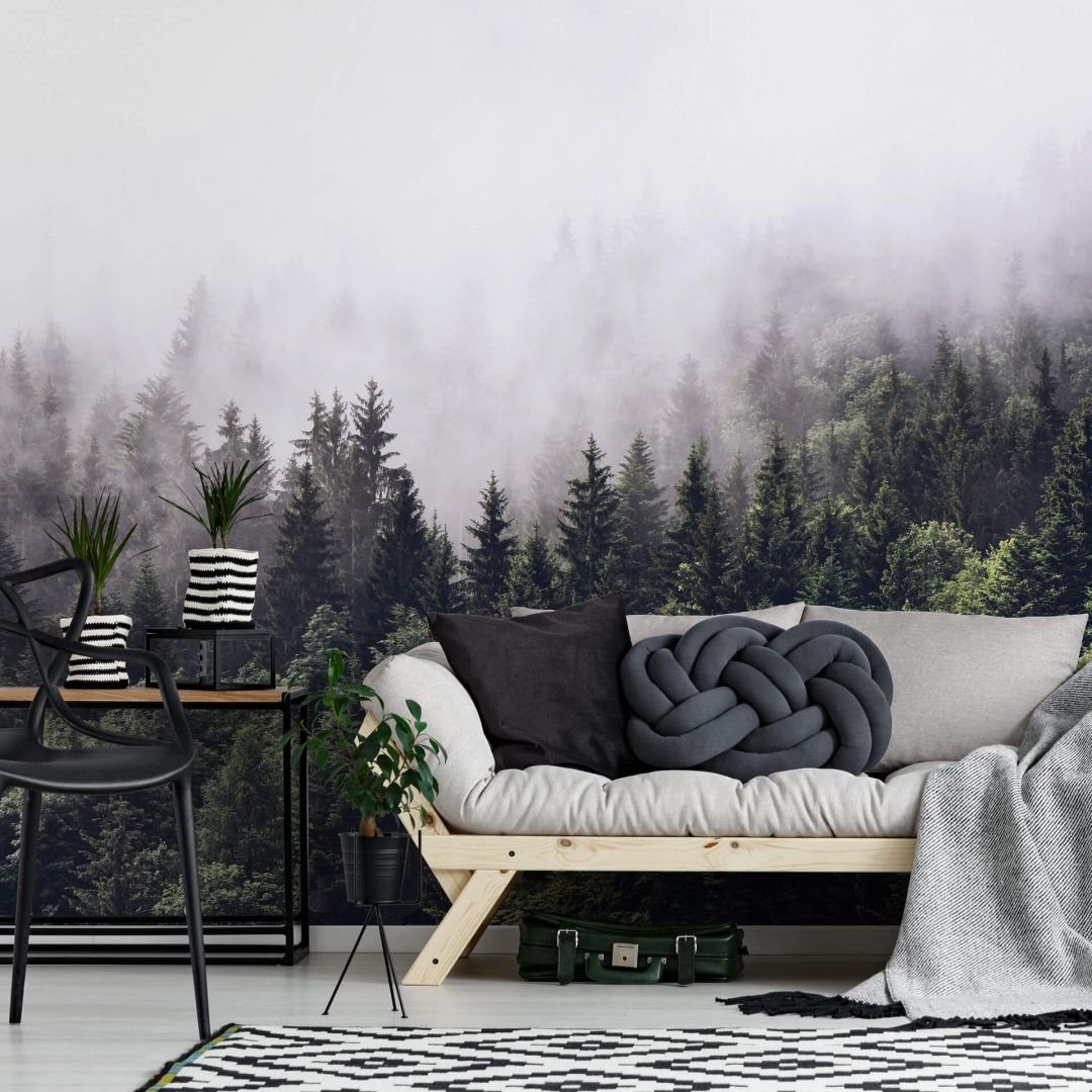 Wizard + Genius Fototapete XXL Tapete Nebel Schwarzwald Papiertapete Nebliger Wald, Wohnzimmer Wandbild modern