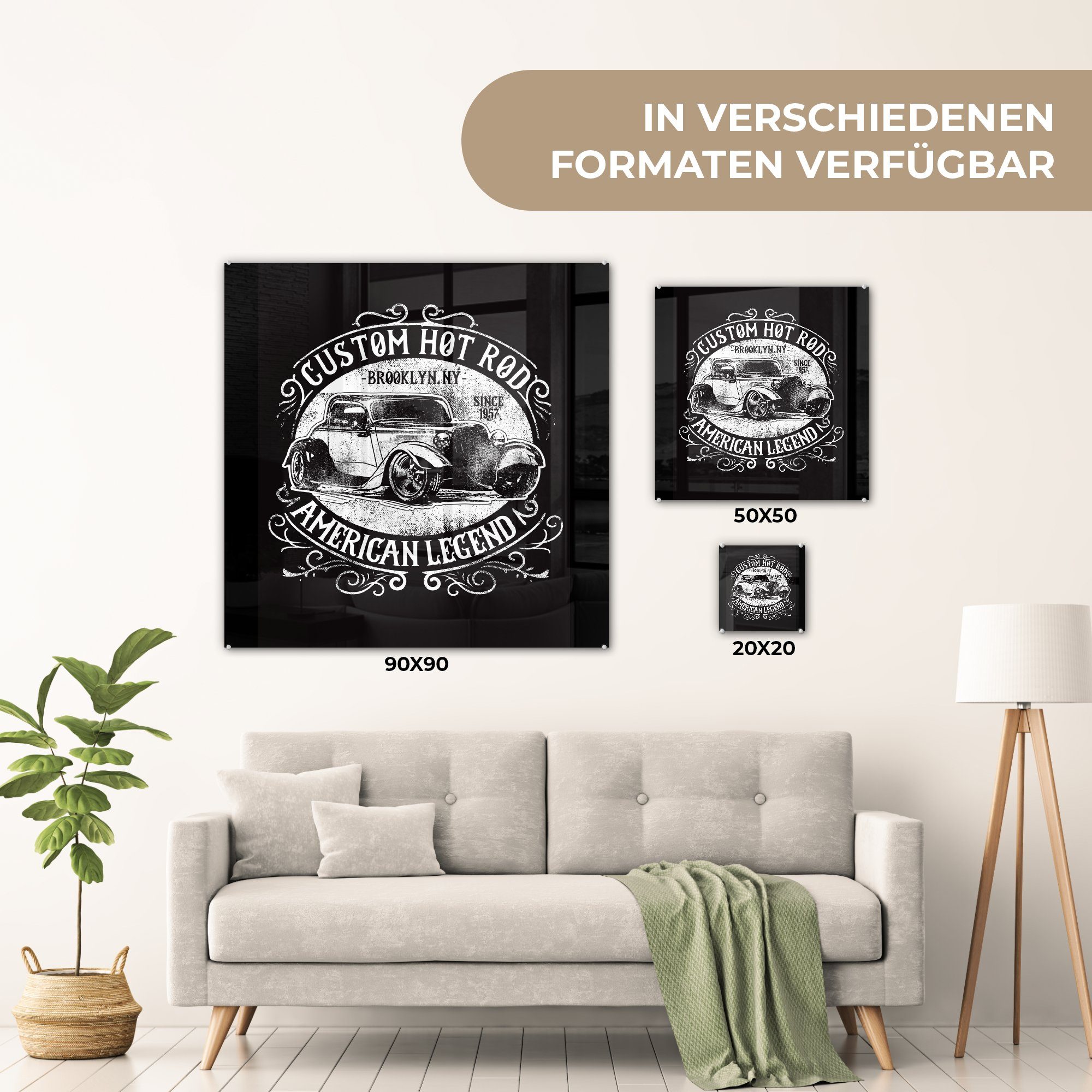 - Mancave (1 Glas Glas Schwarz - Glasbilder Retro - auf auf Weiß, St), - Acrylglasbild - - Auto Bilder Wandbild MuchoWow - Foto Wanddekoration