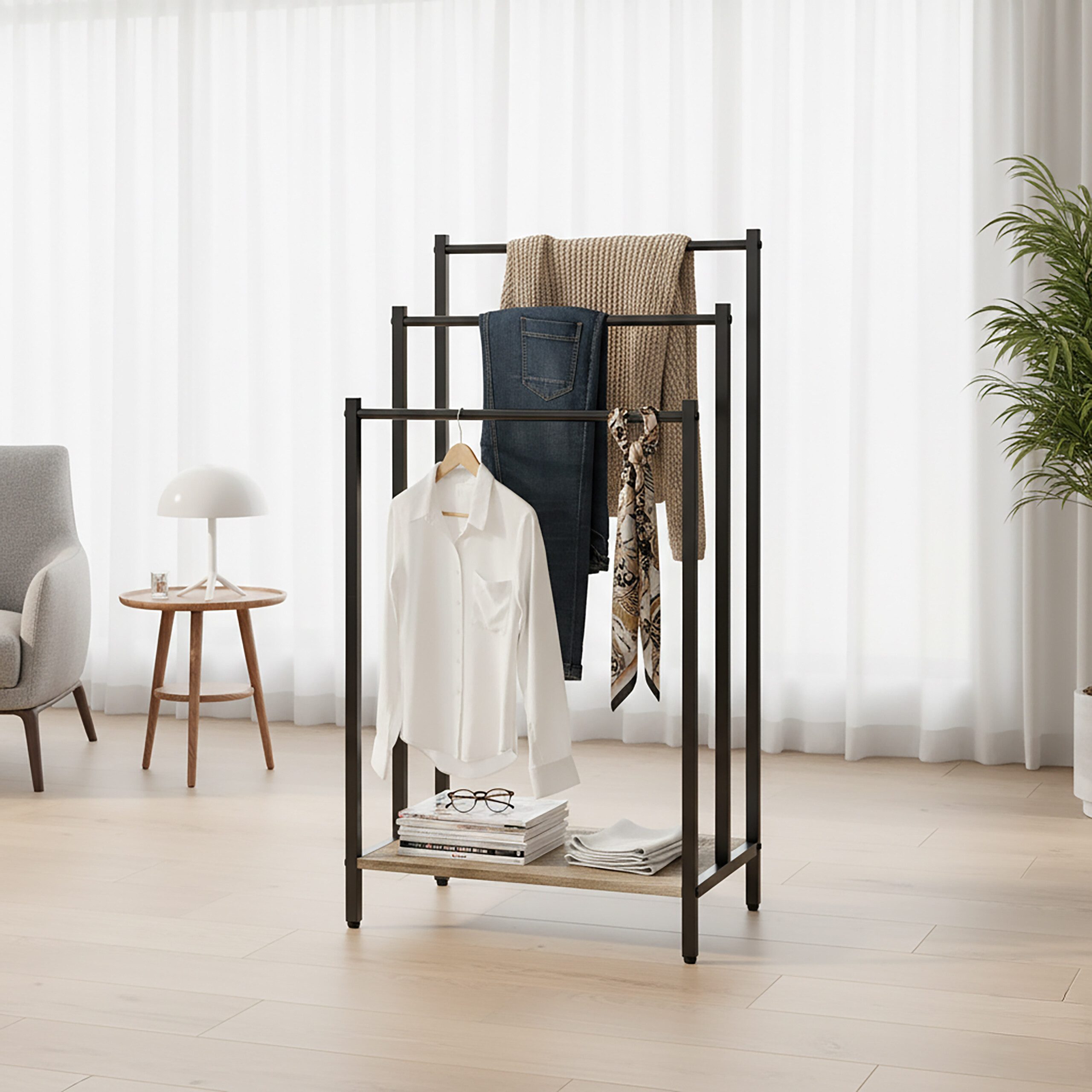 relaxdays Handtuchständer mit Ablage, Holzoptik-Schwarz, M