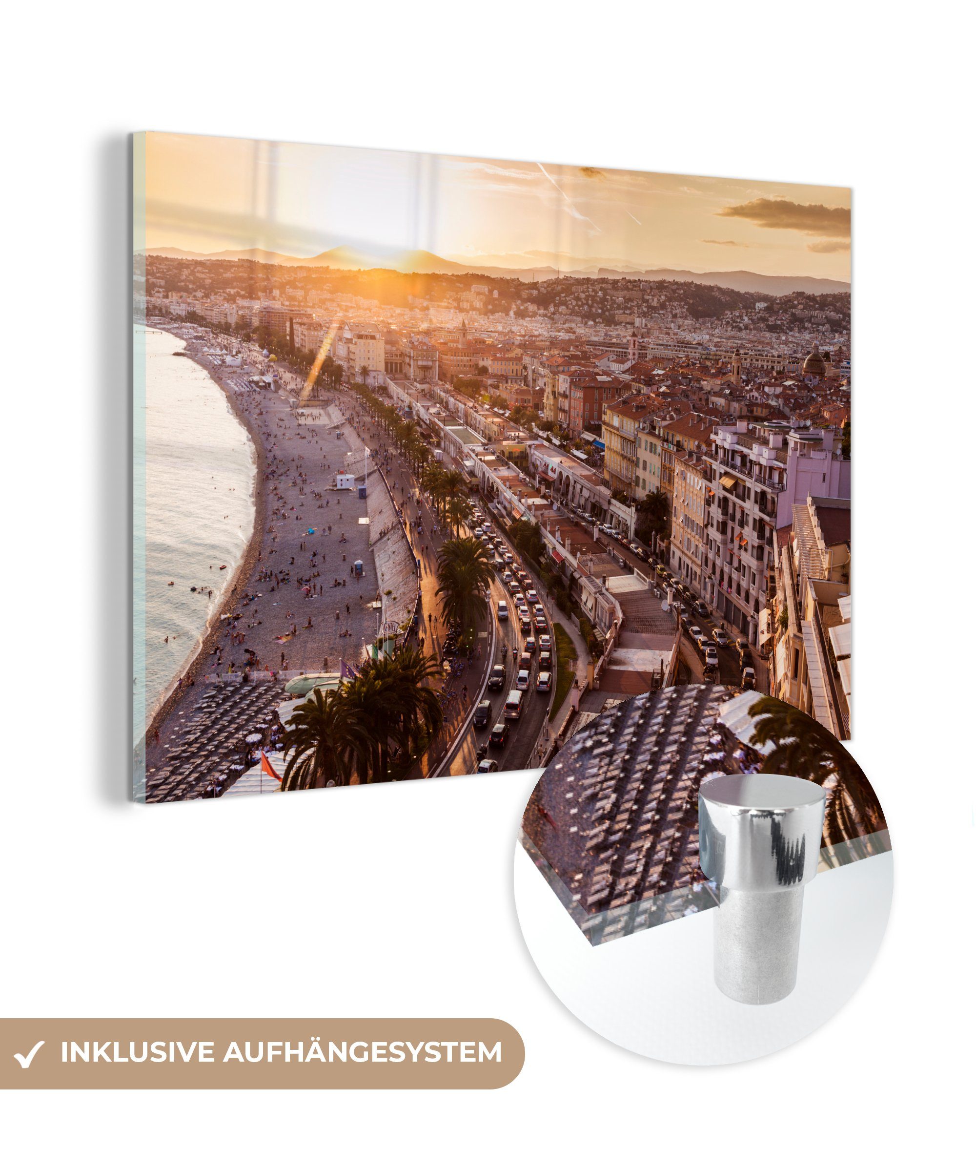 MuchoWow Acrylglasbild Sonnenuntergang - Stadt - Nizza, (1 St), Acrylglasbilder Wohnzimmer & Schlafzimmer