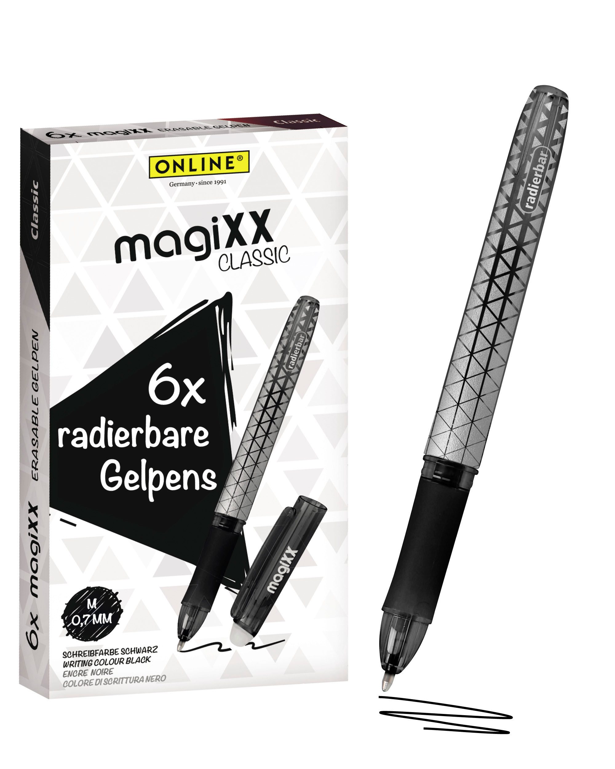 Online Pen Tintenroller magiXX Classic, (6x radierbare Gelschreiber schwarz, ergonomisches Griffstück), Gelpens für Schüler, Studenten, Büro