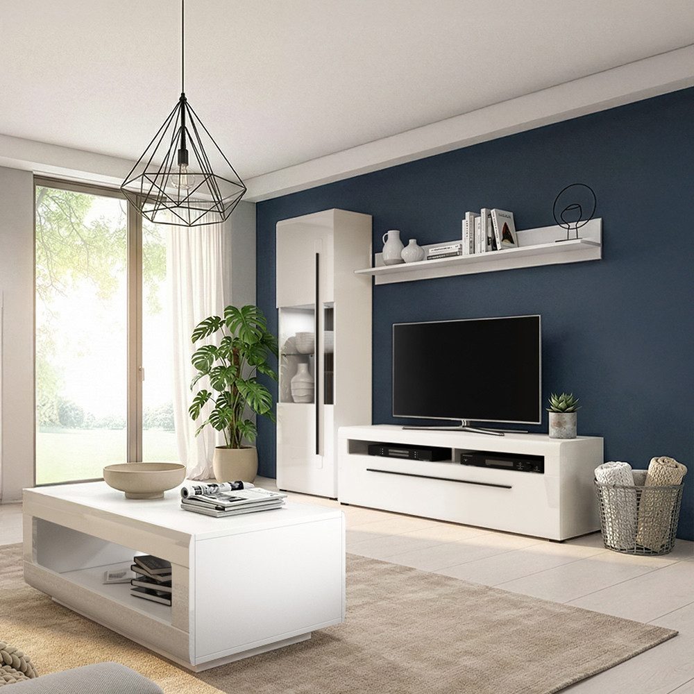 Lomadox Wohnzimmer-Set TURDA-83, (Mega-Spar-Set, 5-St., Couchtisch Highboard Lowboard Sideboard Vitrine Wandregal), weiß Hochglanz Metallgriffe schwarz modern inkl. LED Beleuchtung
