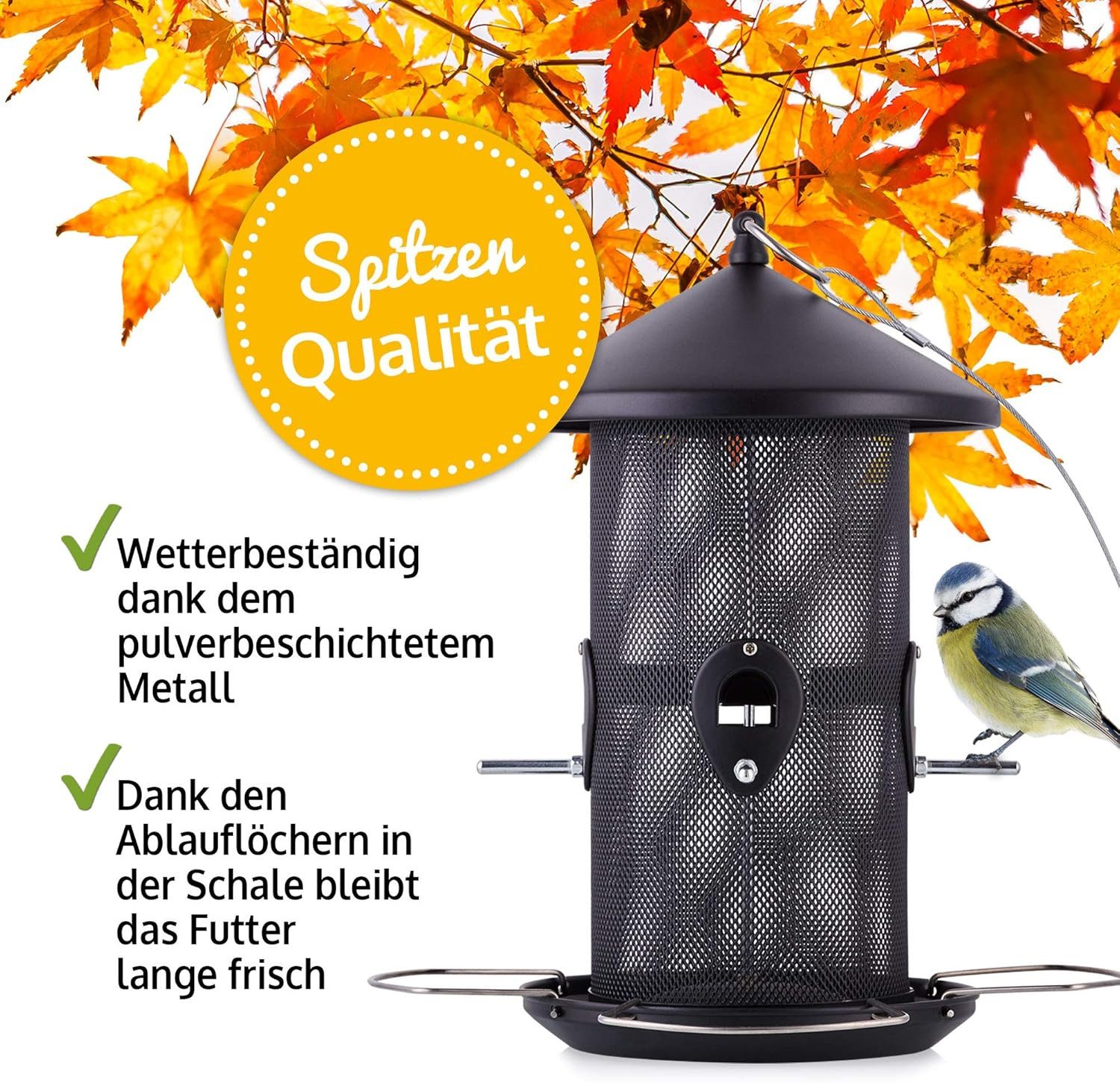 Zooprinz Futterstation Premium XL Vogelfutterspender mit Sitzringen Vogelfutterhaus, Stahlseil, witterungsbeständig und langlebig, Metall Futtersilo