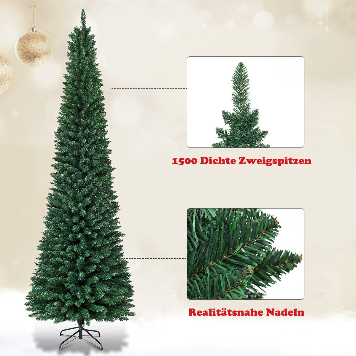 COSTWAY Künstlicher Weihnachtsbaum, 270cm, mit 1500 PVC Nadeln, Metallständer