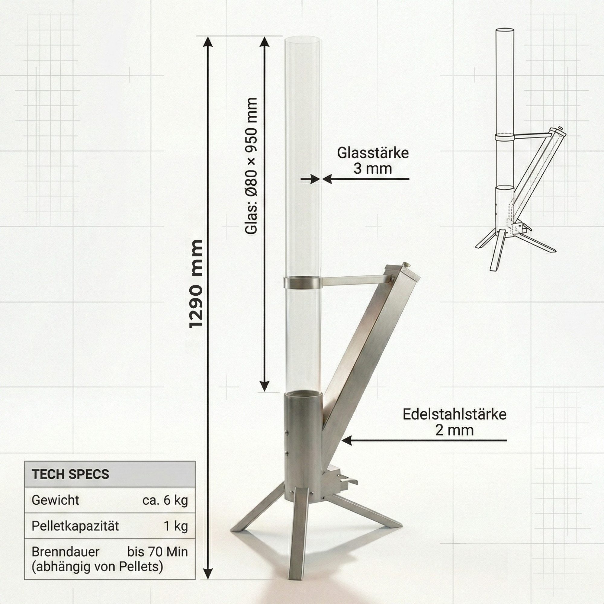 Albatros International Gartenkamin Pelletfackel Edelstahl mit Glasrohr Rocket Stove Outdoor, (inkl. Glasrohr und Standfuß), Rocket Stove System effiziente Verbrennung bis 70 Minuten