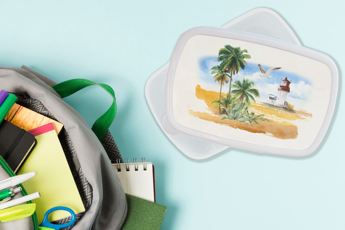 Kunststoff, weiß Lunchbox - und (2-tlg), Palme - für Brotbox Leuchtturm Strand, MuchoWow Jungs und für Kinder Brotdose, Erwachsene, Mädchen