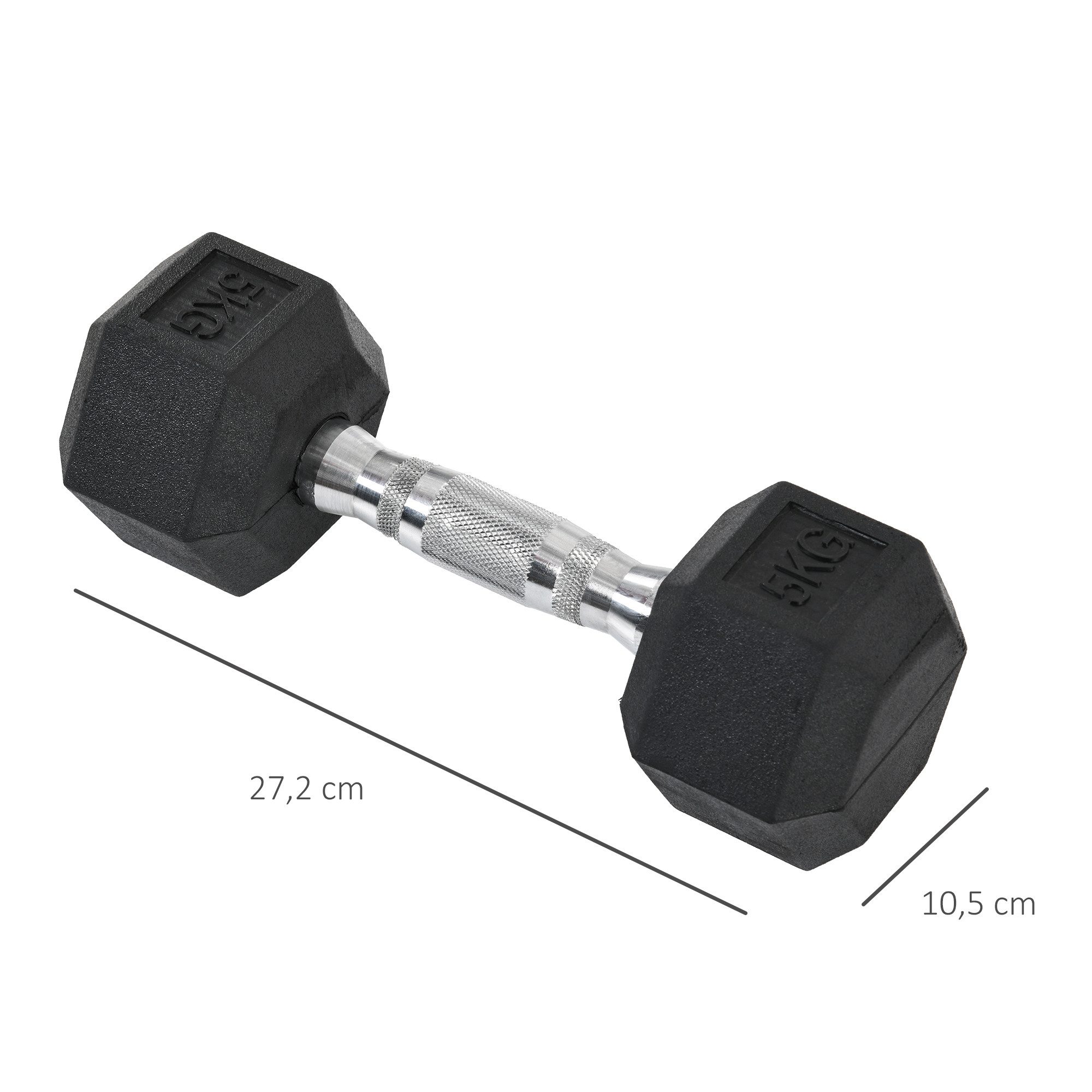 HOMCOM Hantel-Set Hexagon Hanteln, 2er Set Hanteln mit gerändeltem Griff, 2 x 5 kg, (Kurzhantel aus Gusseisen, Kurzhanteln für Männer und Fraue), für Zuhause, Fitnessstudio, Krafttraining