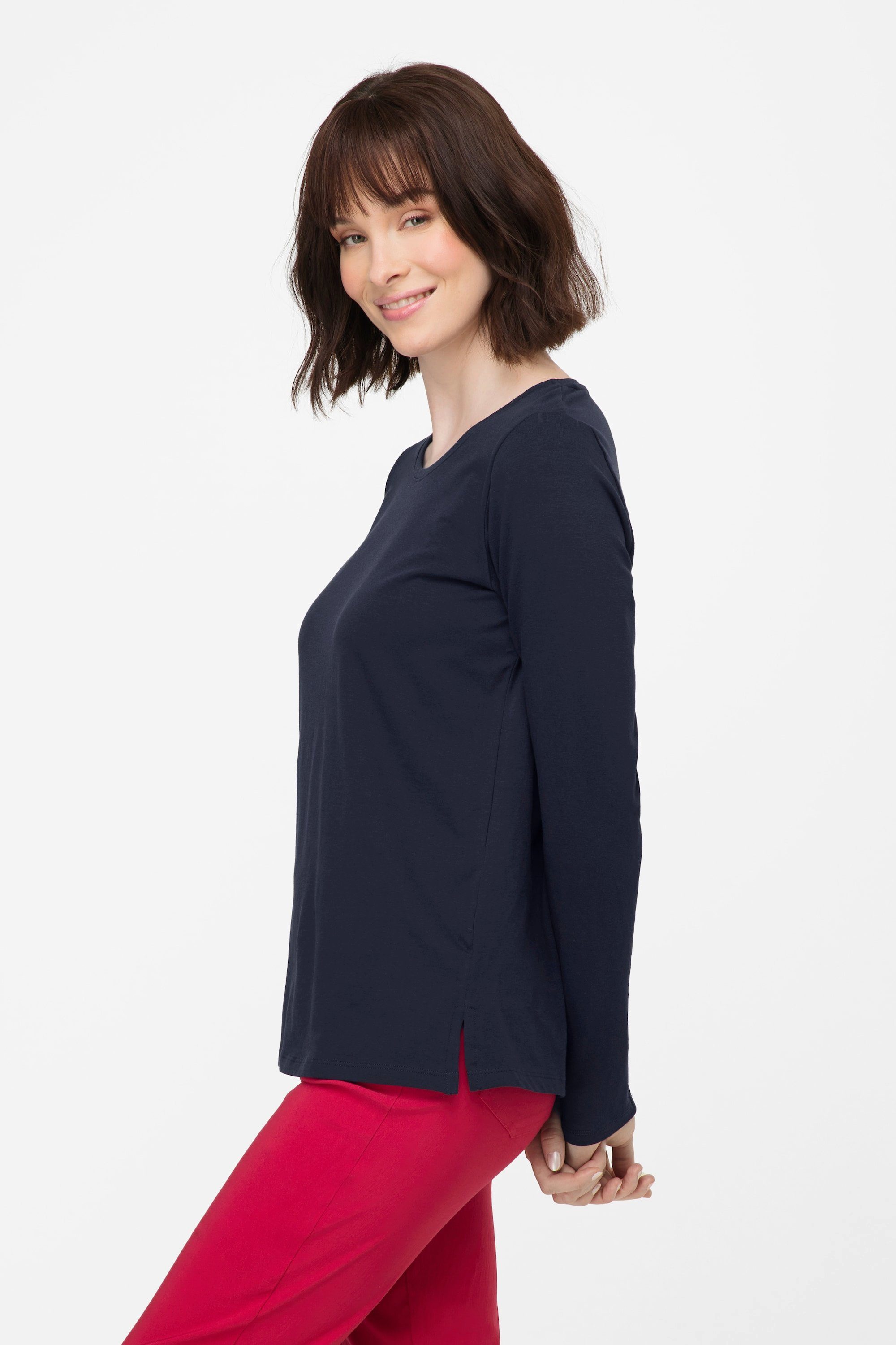 Laura navy Shirt Rundhals Gina Rundhalsshirt Langarm blau gerundeter Saum