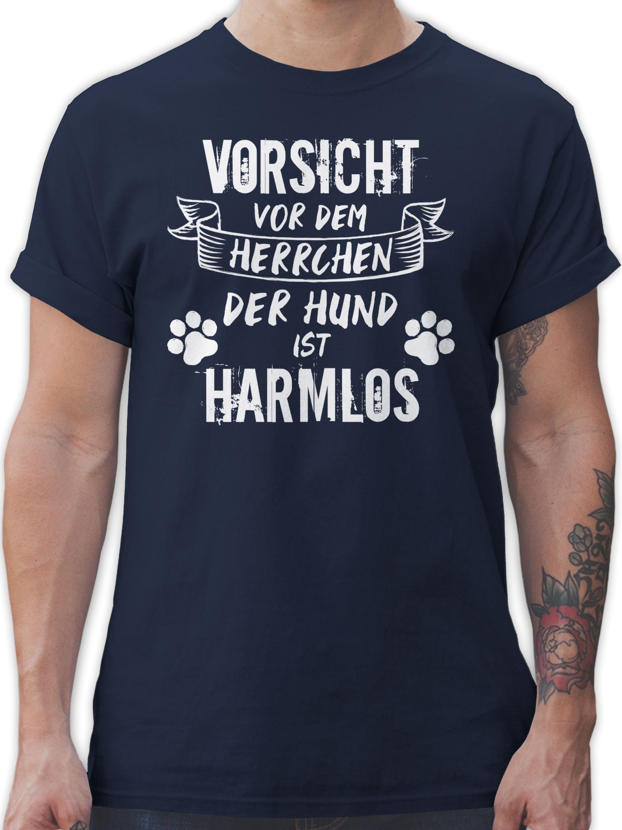 Shirtracer T-Shirt Vorsicht vor dem Herrchen der Hund ist harmlos - Grunge/Vintage - Weiß Geschenk für Hundebesitzer 02 Navy Blau