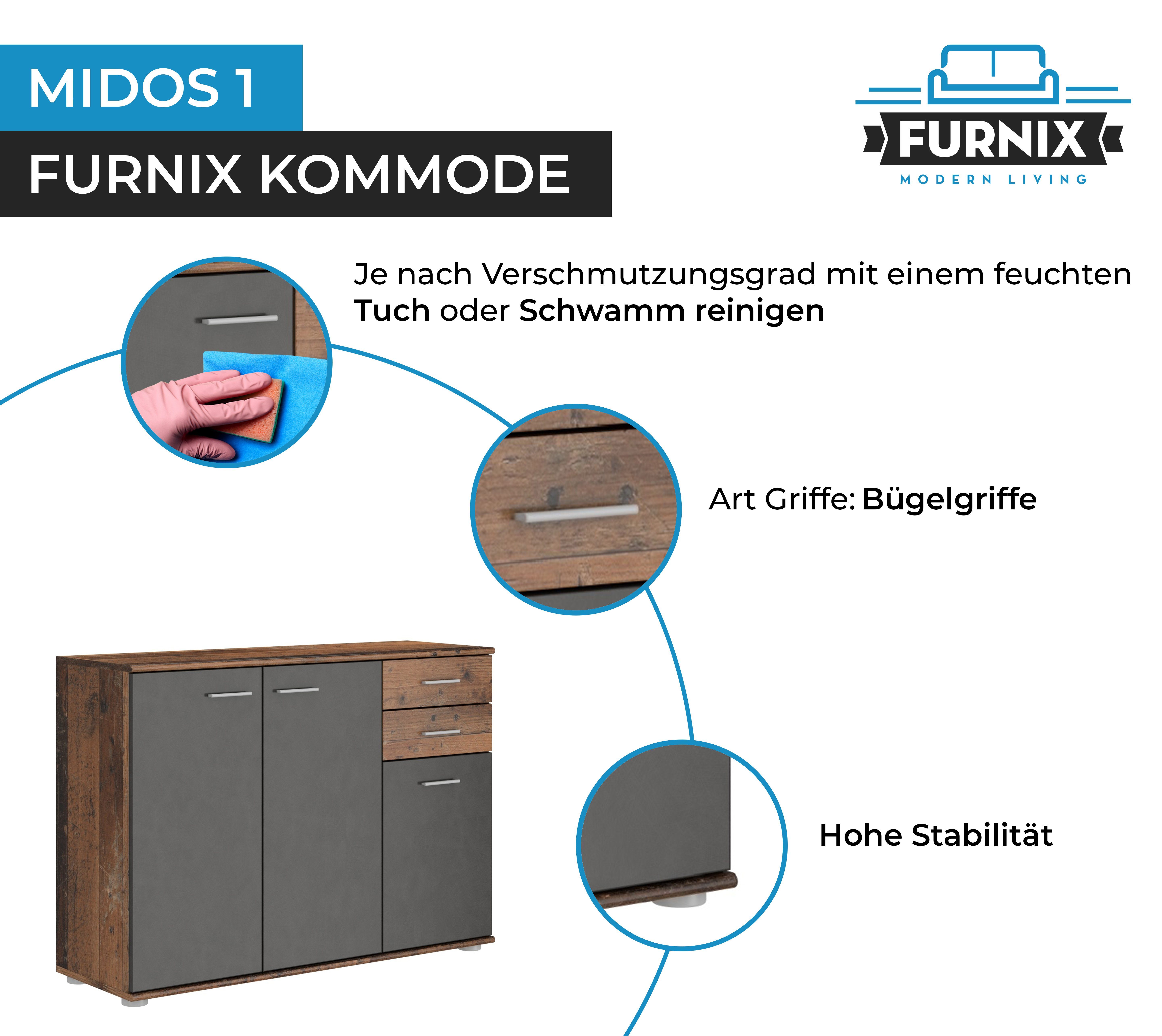 mit Schubladen old und cm Sideboard x 3 x style/matera Türen 2 B106 Midos, Furnix H75 T35 Kommode