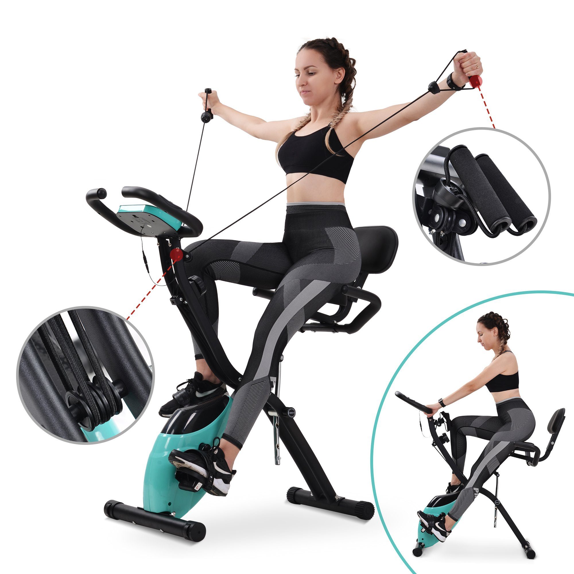 Heimtrainer (magnetische faltbares Fitnessfahrrad), 3-in-1 X-bike mit Expanderbänder, 10 Widerstandsstufen, Max 120 kg