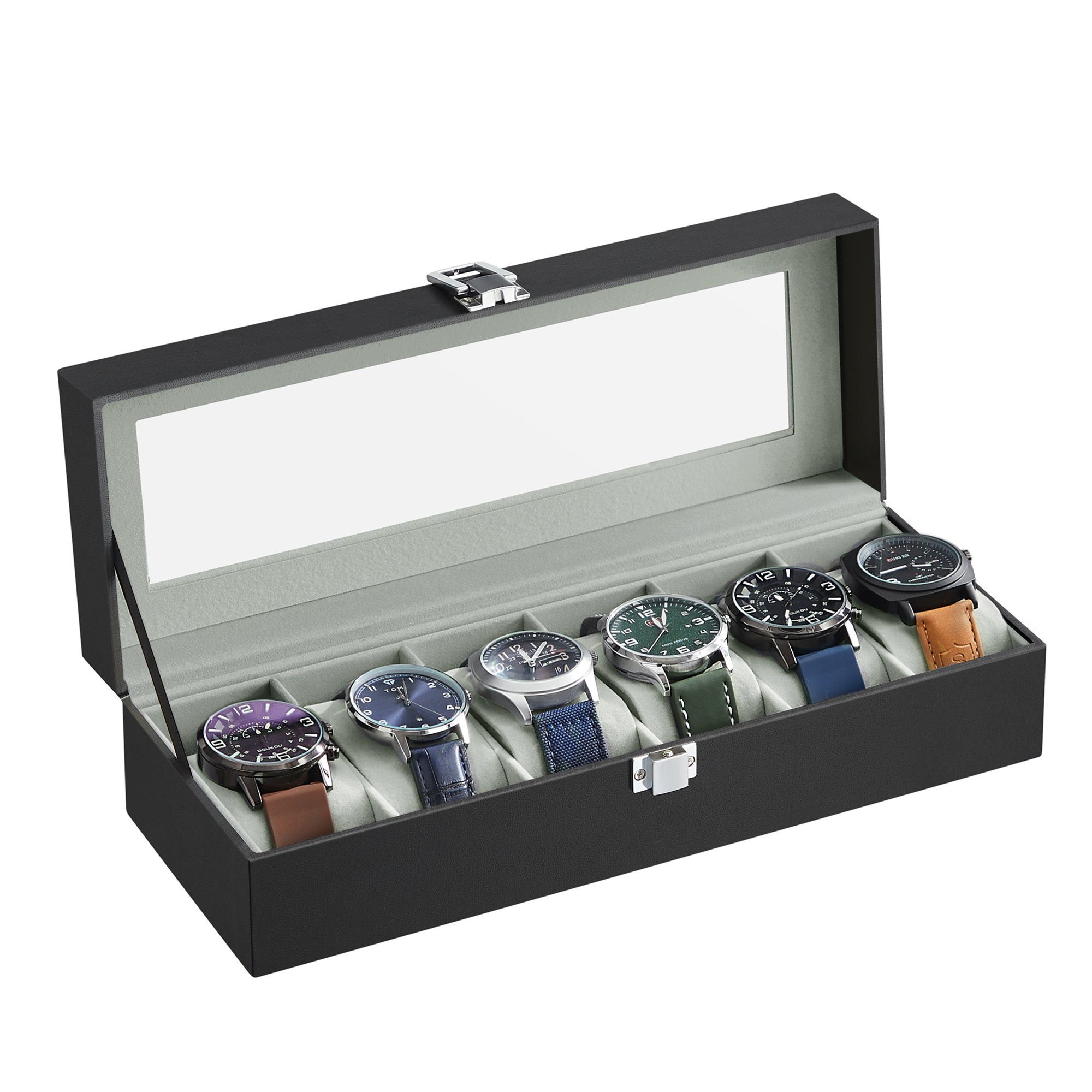 SONGMICS Uhrenbox 6 Fächern, Uhrenkasten, herausnehmbare Uhrenkissen, 11,2 x 30 x 8 cm, Glasdeckel, Geschenkidee, PU-Bezug, Samtfutter