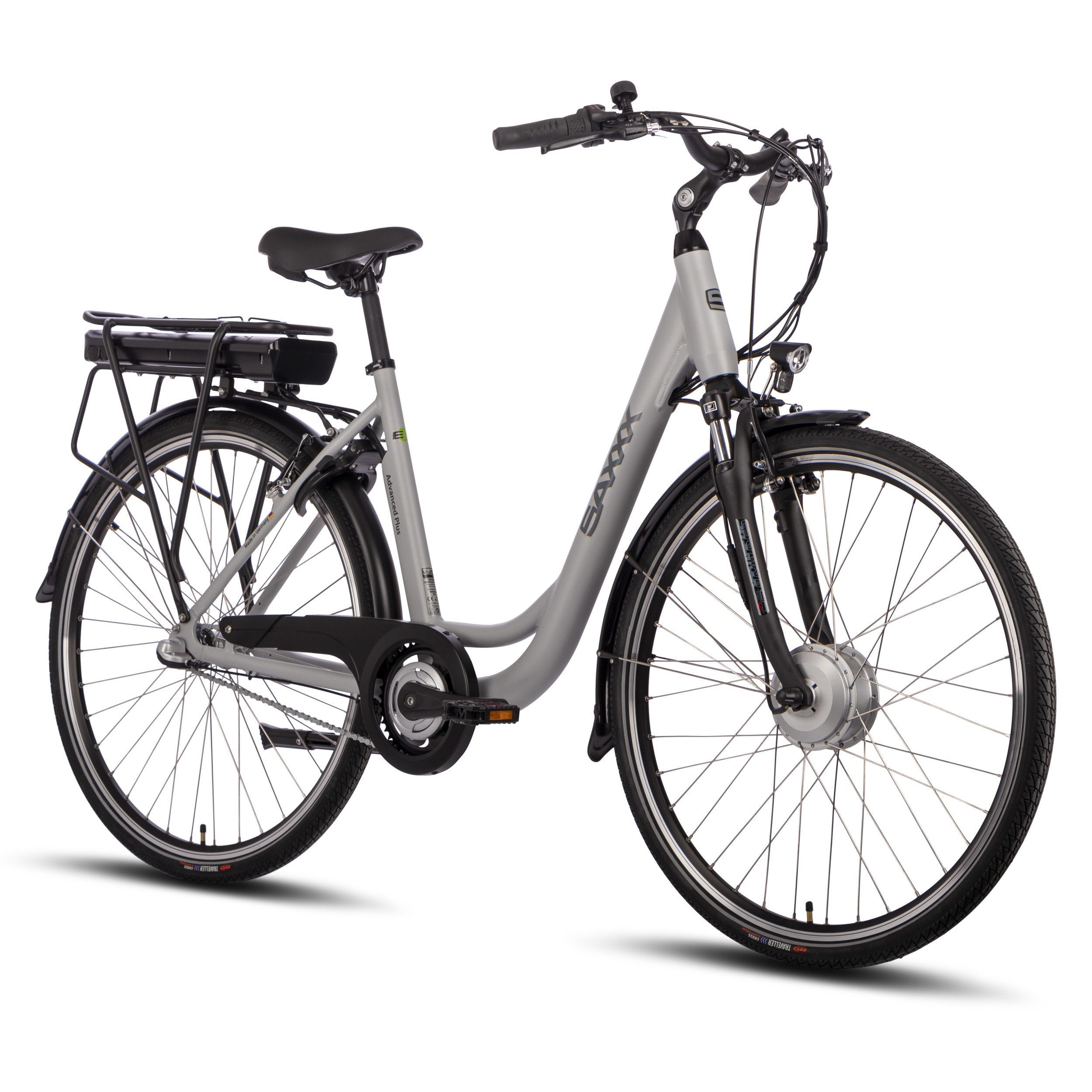 SAXXX E-Bike Cityrad 28'' Damen&Herren, Citybike, APW, 375Wh, 90km, Rücktrittbremse, 3 Gang SHIMANO Nexus Schaltwerk, Nabenschaltung, Vorderradmotor, 374 Wh, (mit Gepäckträger, abnehmbarer Akku, 95 % vormontiert), Pedelec, E-Citybike mit Tiefeinstieg, RH: 45/50 cm, bis 130kg