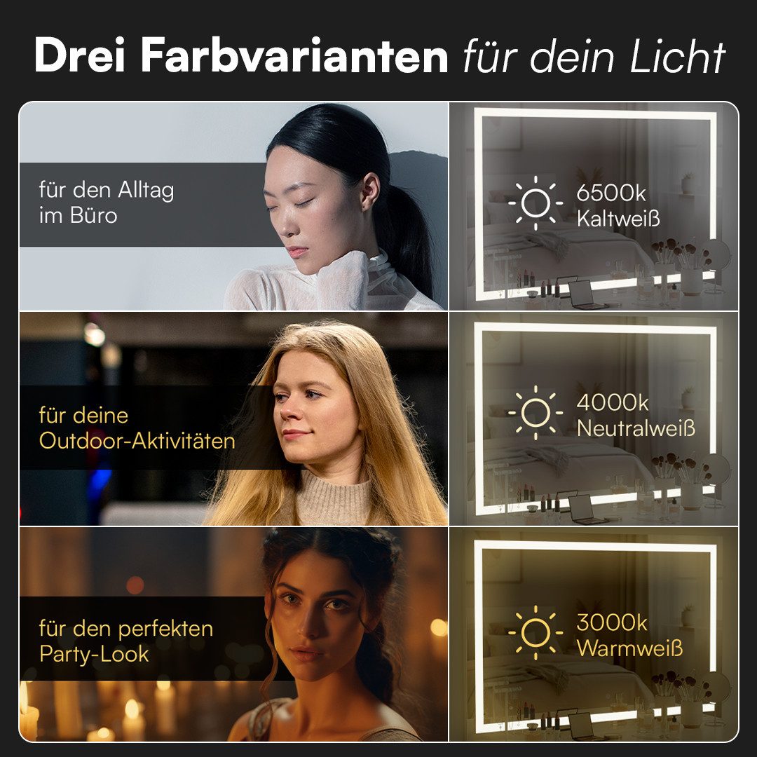 Bellamio Schminktisch Nore mit Spiegel, mit und ohne LED-Beleuchtung (Weiß, 5 Schubladen, 110x70x53 cm), Kosmetiktisch mit 3 Farbstufen & Touch-Sensor – Bild 3 von 5