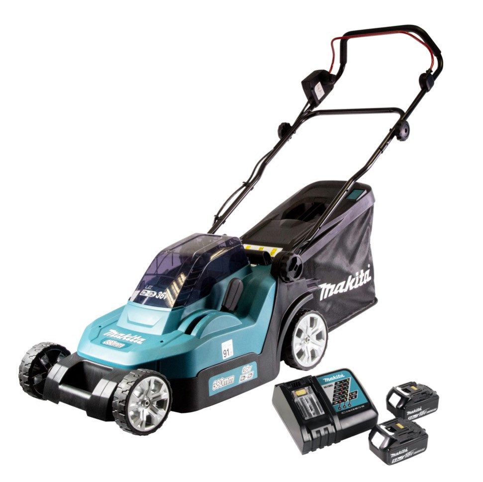 Makita Akkurasenmäher DLM 382 RT2 Akku Rasenmäher 36 V (2x 18 V) 38 cm 40 l + 2x Akku 5,0