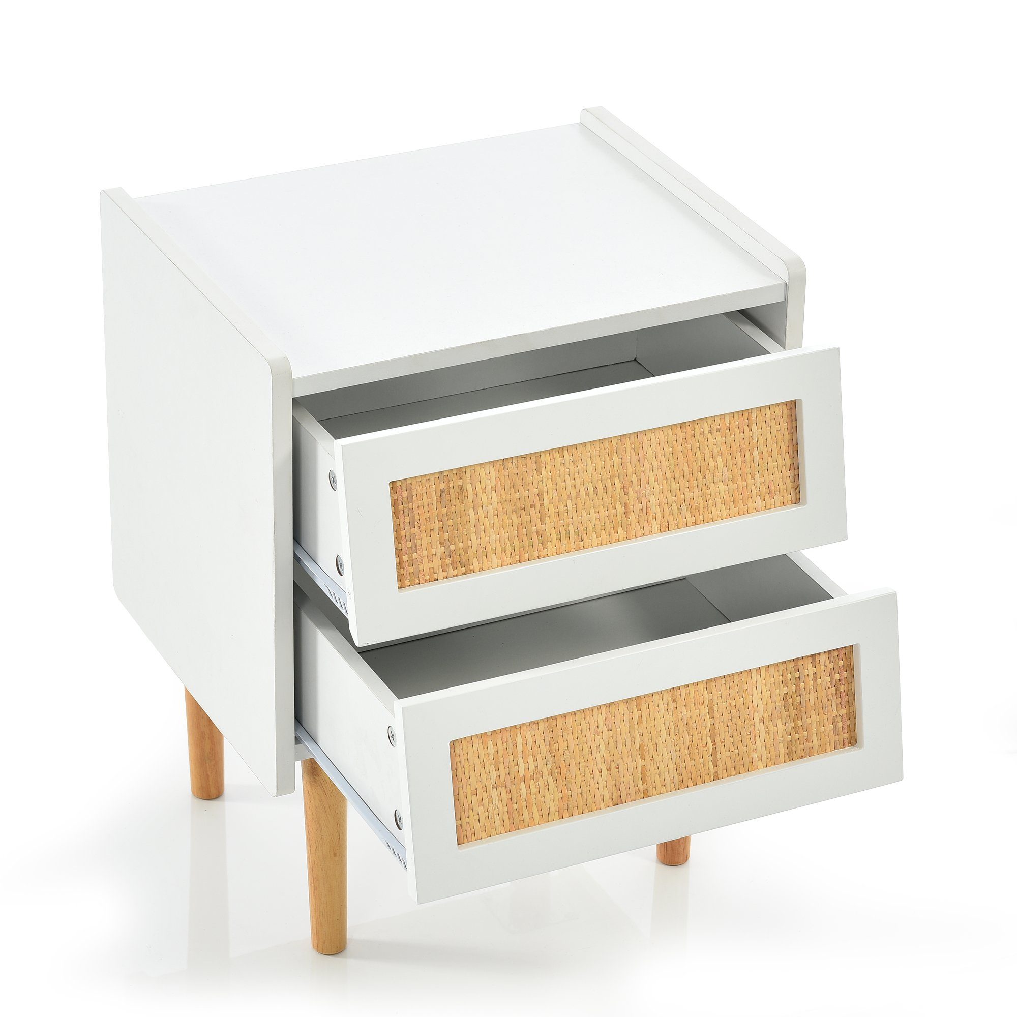 Nachttisch (1-St., Beistelltisch Nchtkommode), Nachtschrank mit 2 Schubladen, aus Rattan & Massivholz, 55x43.5x35 cm