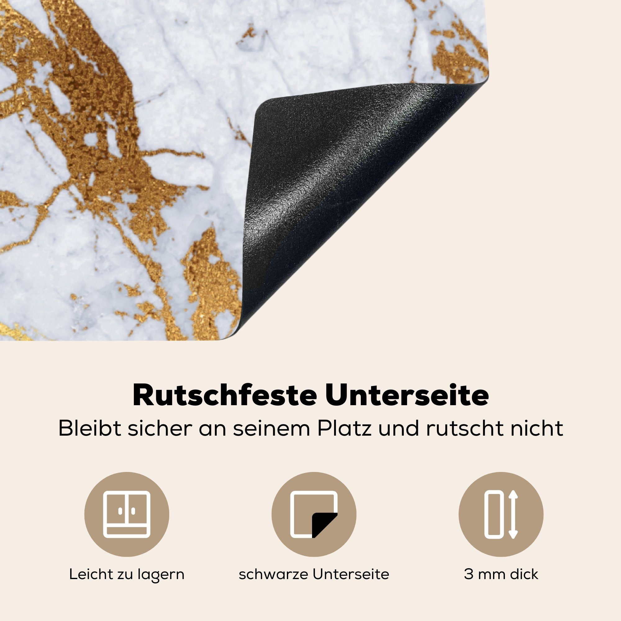 tlg), - Vinyl, MuchoWow küche für Marmor Arbeitsplatte Muster - Ceranfeldabdeckung, (1 Gold, cm, 78x78 Herdblende-/Abdeckplatte