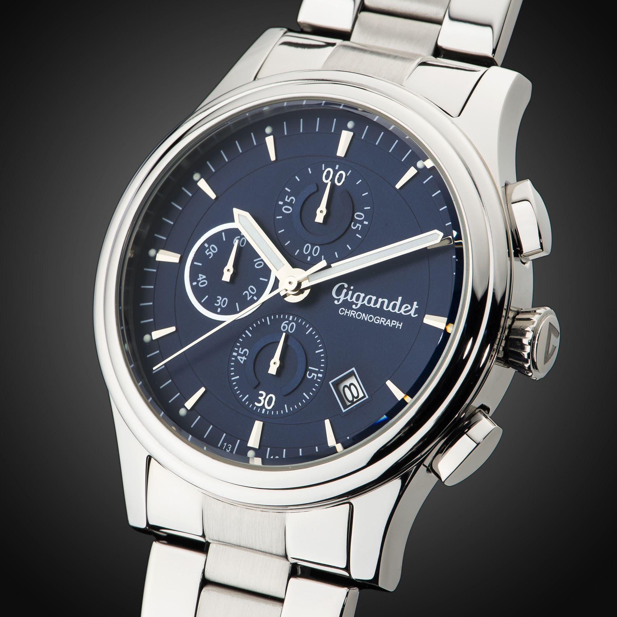 Gigandet Chronograph Armbanduhr, Herrenuhr, Sportuhr, 43mm, TRAVELLER G44-002, Mineralglas, Datumsanzeige, Edelstahlband, 5bar/50m wasserdicht