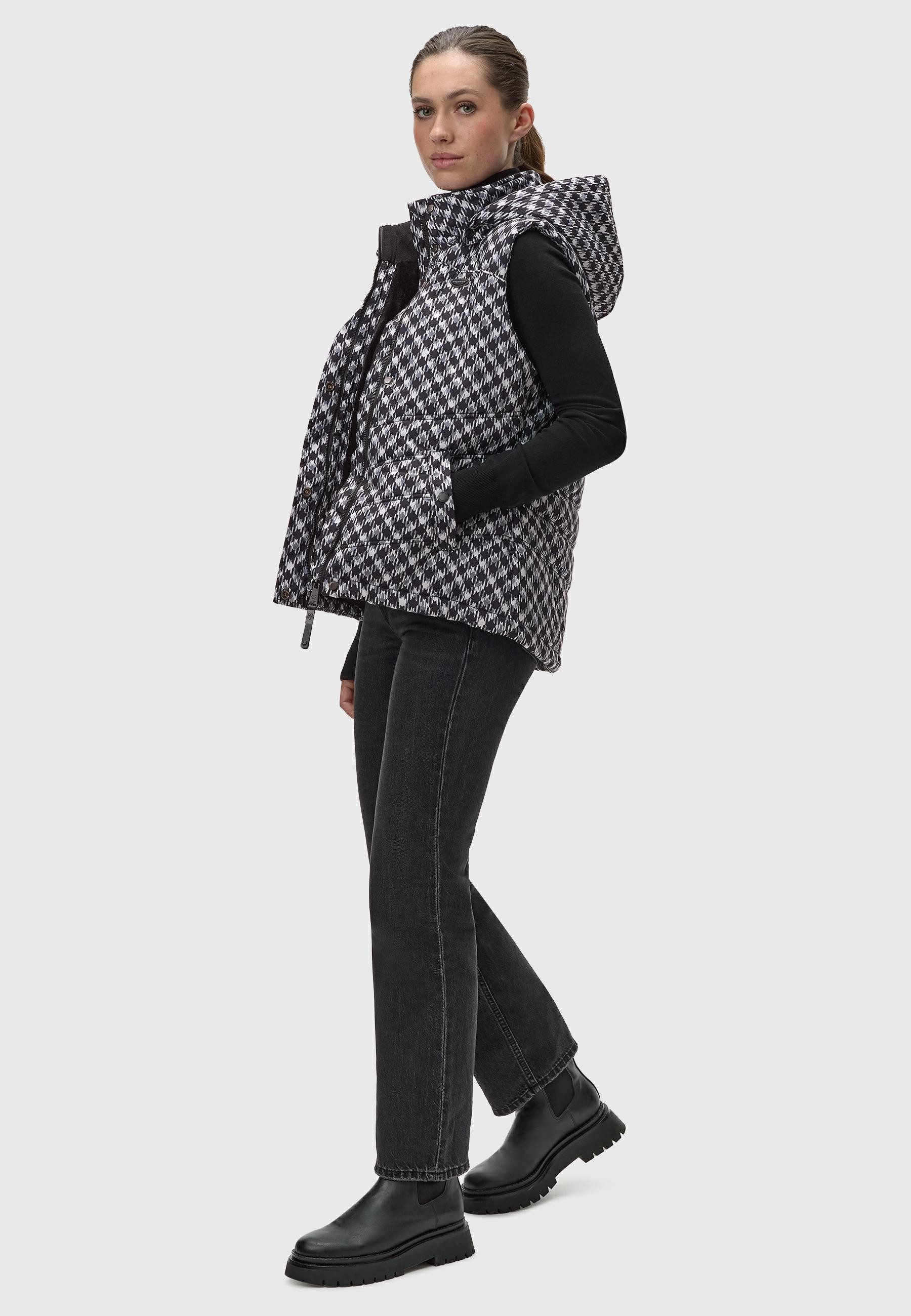 Ragwear Steppweste Hesty Print Weste mit abnehmbarer Kapuze und Hahnentritt Muster