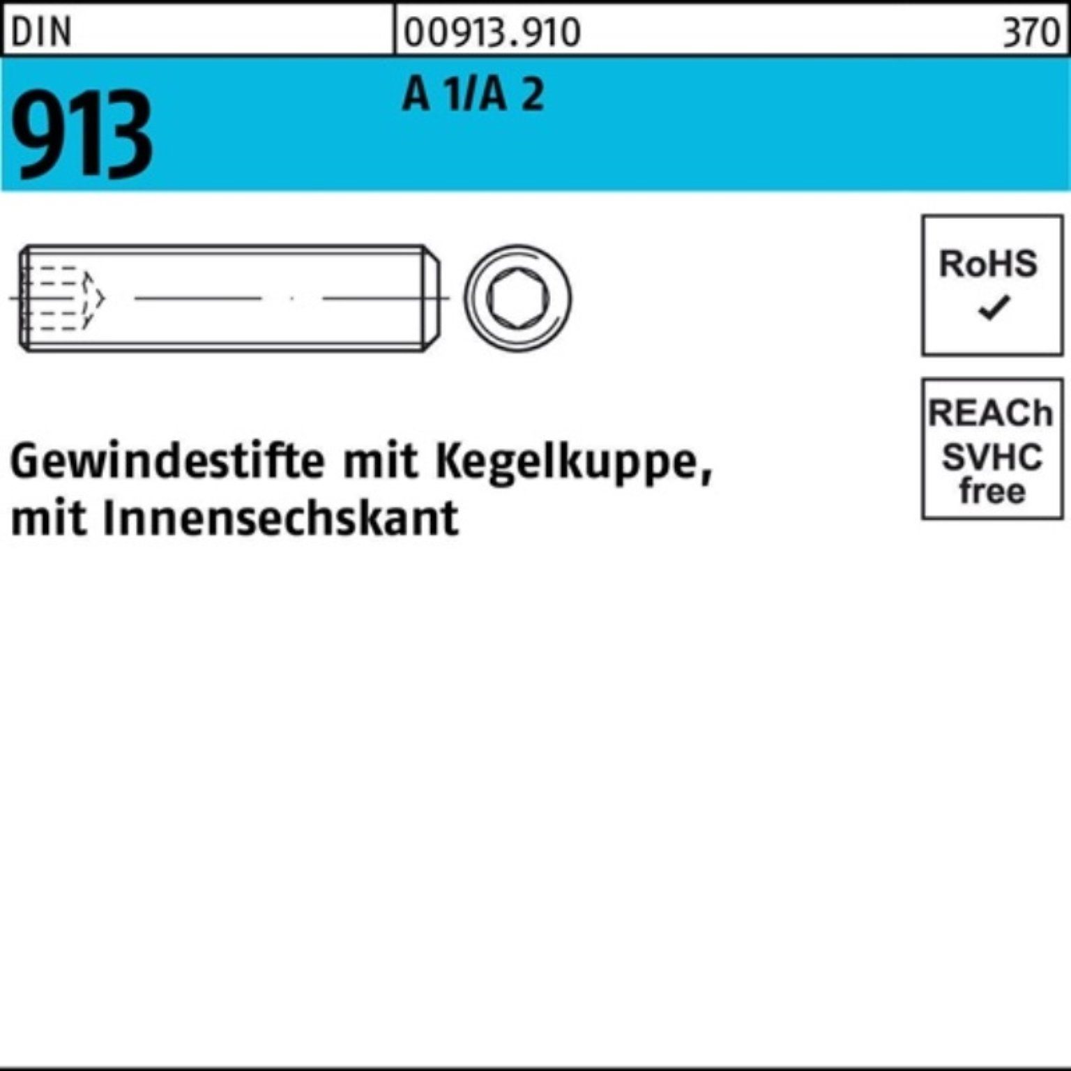 Reyher Gewindebolzen 100er Pack Gewindestift DIN 913 Kegelkuppe/Innen-6kt M16x 16 A 1/A 2 1