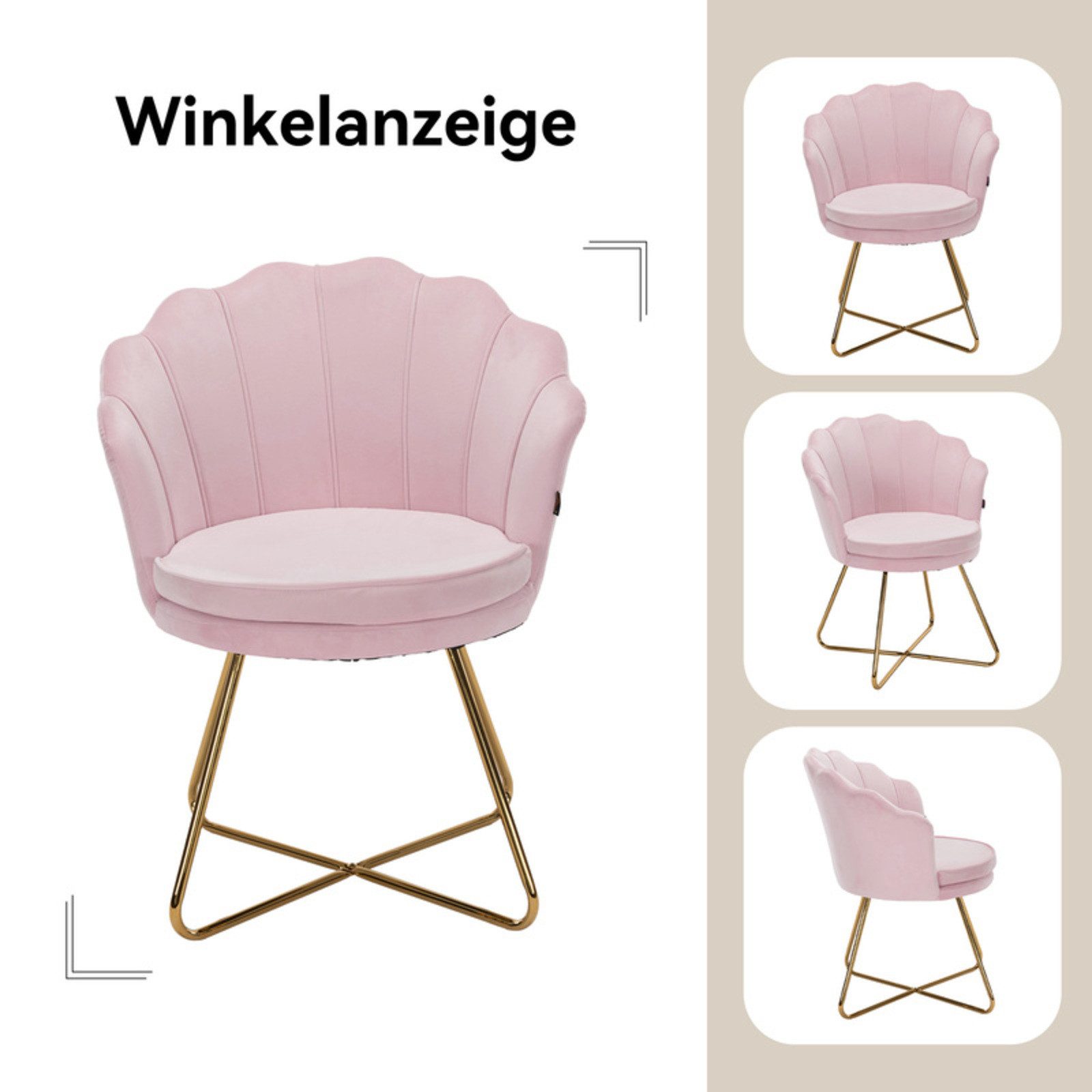 HawthyHome Polsterstuhl Polstersessel mit Blütenblatt-Rückenlehne & Goldene Metallbeine (1 St), ideal für Esszimmer & Schminktisch – Bild 4 von 5