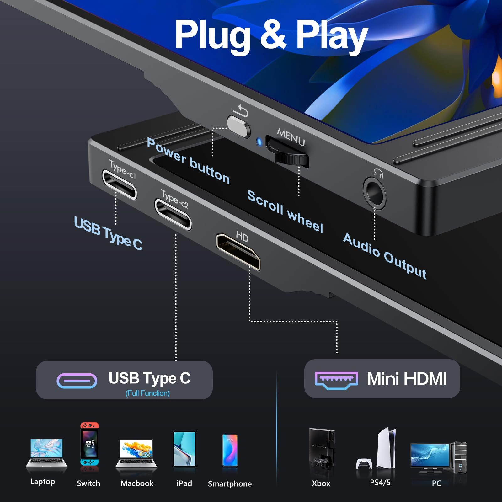 Bundviel 15,6-Zoll tragbarer Monitor mit USB-C & HDMI, 1080P FHD Portabler Monitor (40 cm/15.6 ", 1920 x 1080 px, FHD, 3 ms Reaktionszeit, 60 Hz)