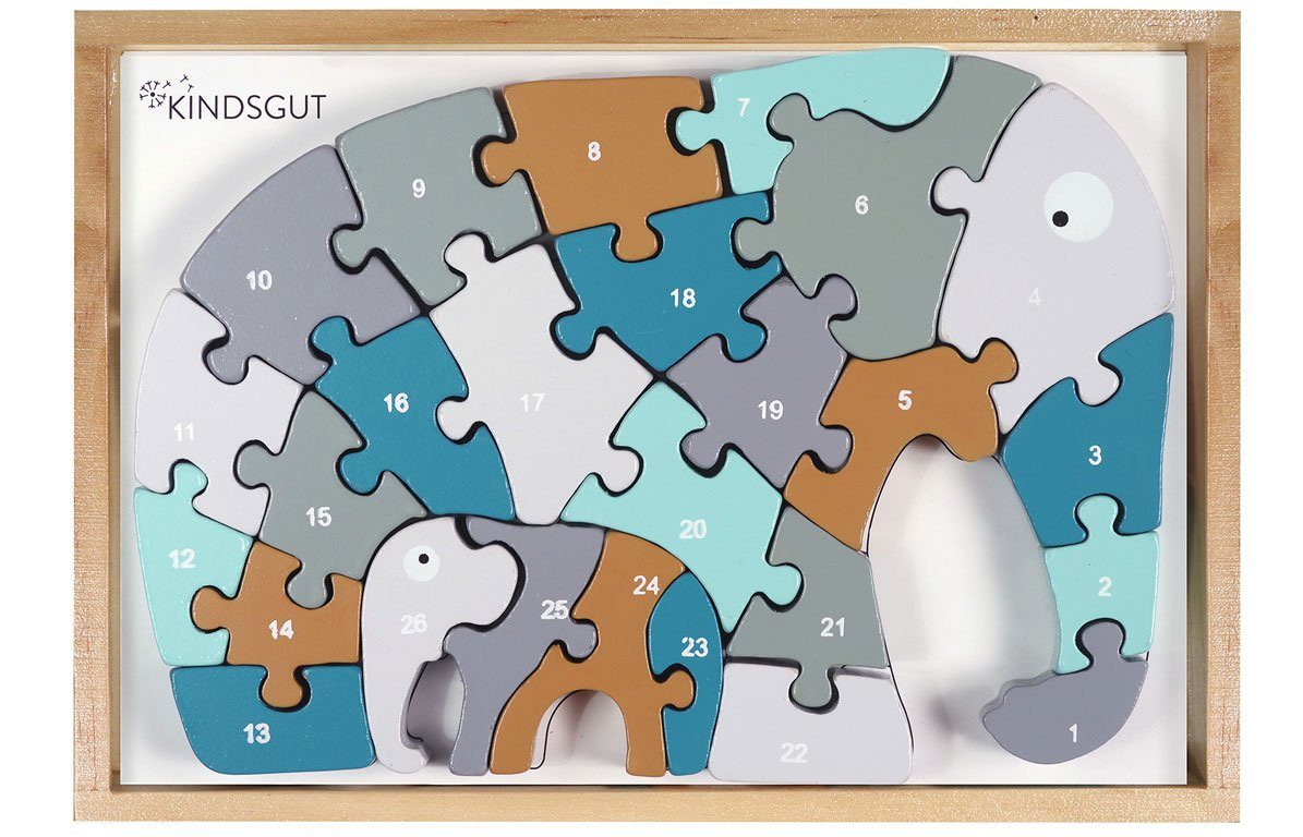 KINDSGUT Puzzle Buchstaben-Puzzle Elefant, 26 Puzzleteile, Lern-Spielzeug, Motorik, Lern-Puzzle aus Holz