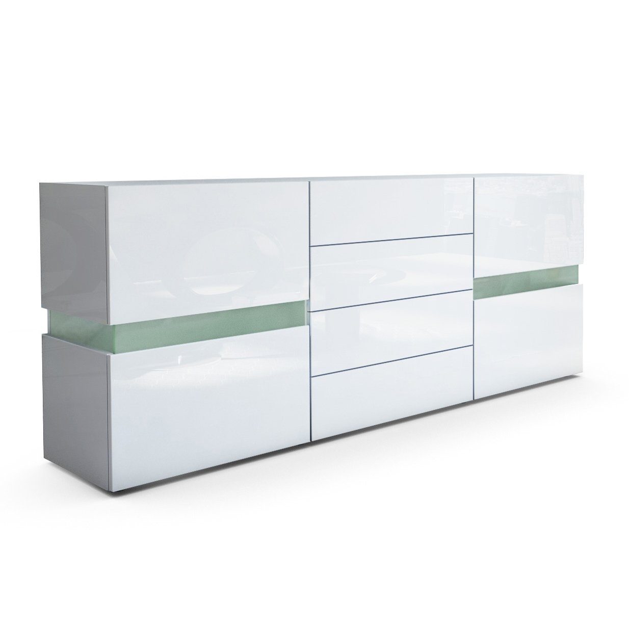 Vladon Sideboard Flow (Kommode mit Ambient Light Verglasung, mit 2 Türen und 4 Schubladen), Weiß Hochglanz (177 x 75 x 39 cm)