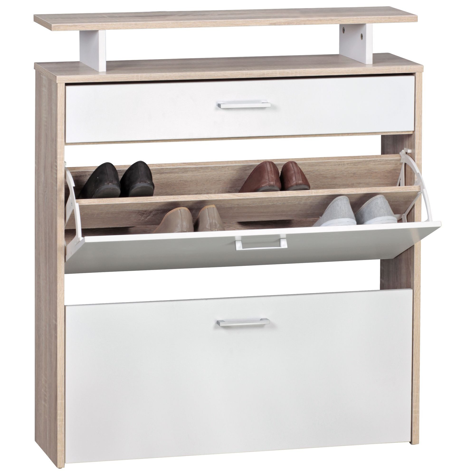 furnicato Schuhschrank Schuhkipper mit Schublade 95x80x24 cm Sonoma Eiche Weiß Schuhschrank mit Ablagefläche und Aluminiumgriffen für den Flur