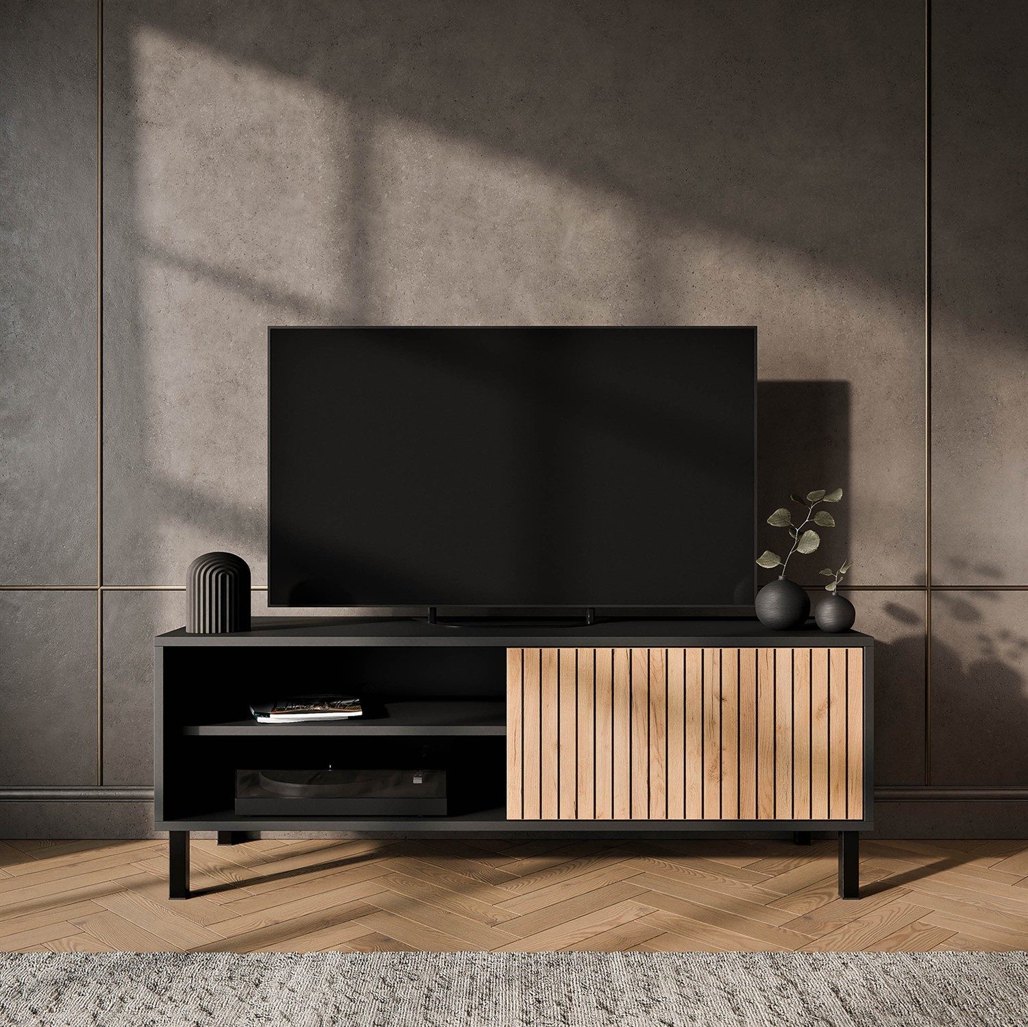 Planetmöbel TV-Schrank Liora TV Board, Lowboard 120 cm lang, TV Kommode (für Fernseher bis 50 Zoll, 1-St., Fernsehtisch für Wohnzimmer, viel Stauraum) Fernsehschrank mit zwei offenen Fächern
