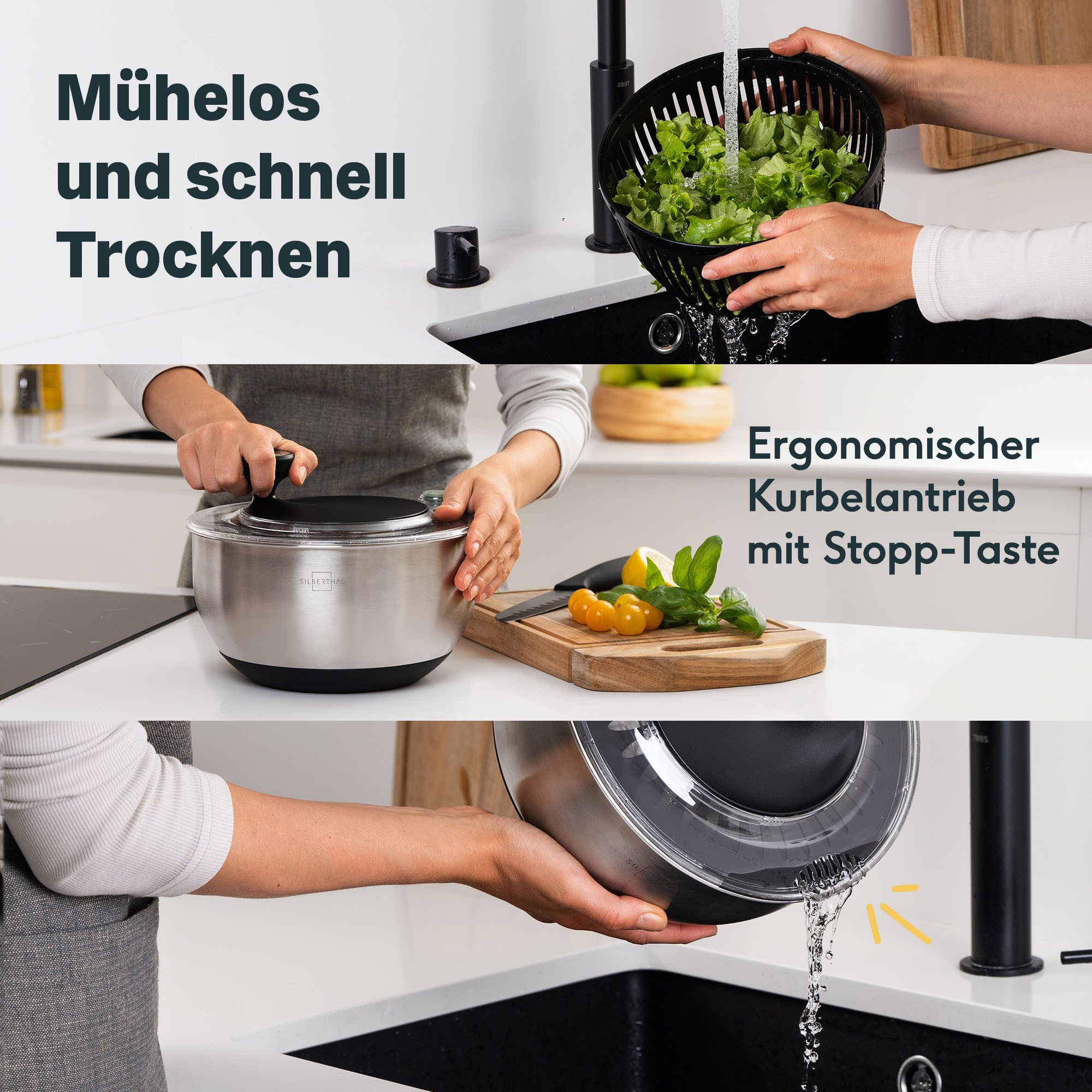 SILBERTHAL Salatschleuder Edelstahl mit Kurbelantrieb, (2er Set, 2-tlg), Spülmaschinenfest, zum Servieren & Aufbewahren