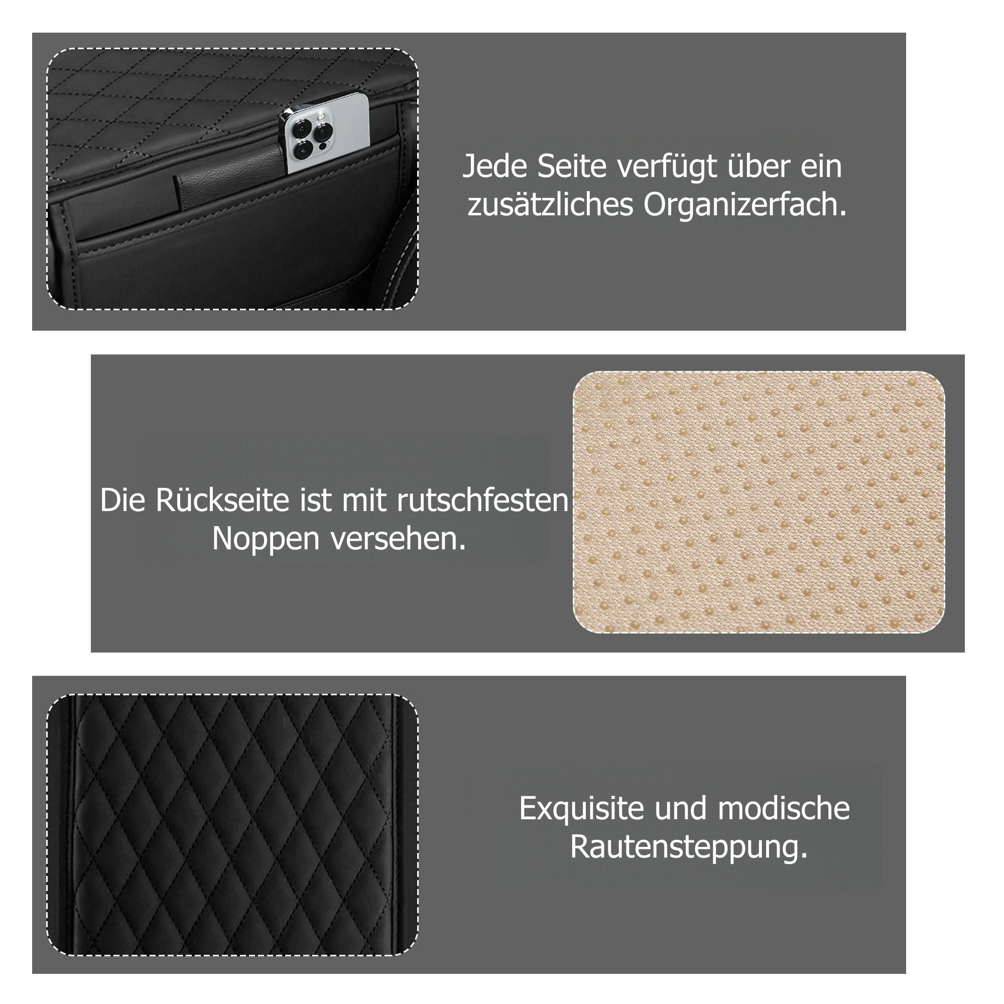 FOUORTUNATE-BEE PVC-Automatten Auto Armlehnenbezug mit Aufbewahrungstasche, Schwarz, Universelle Mittelarmlehnen-Ablage mit Organizer fürs Auto