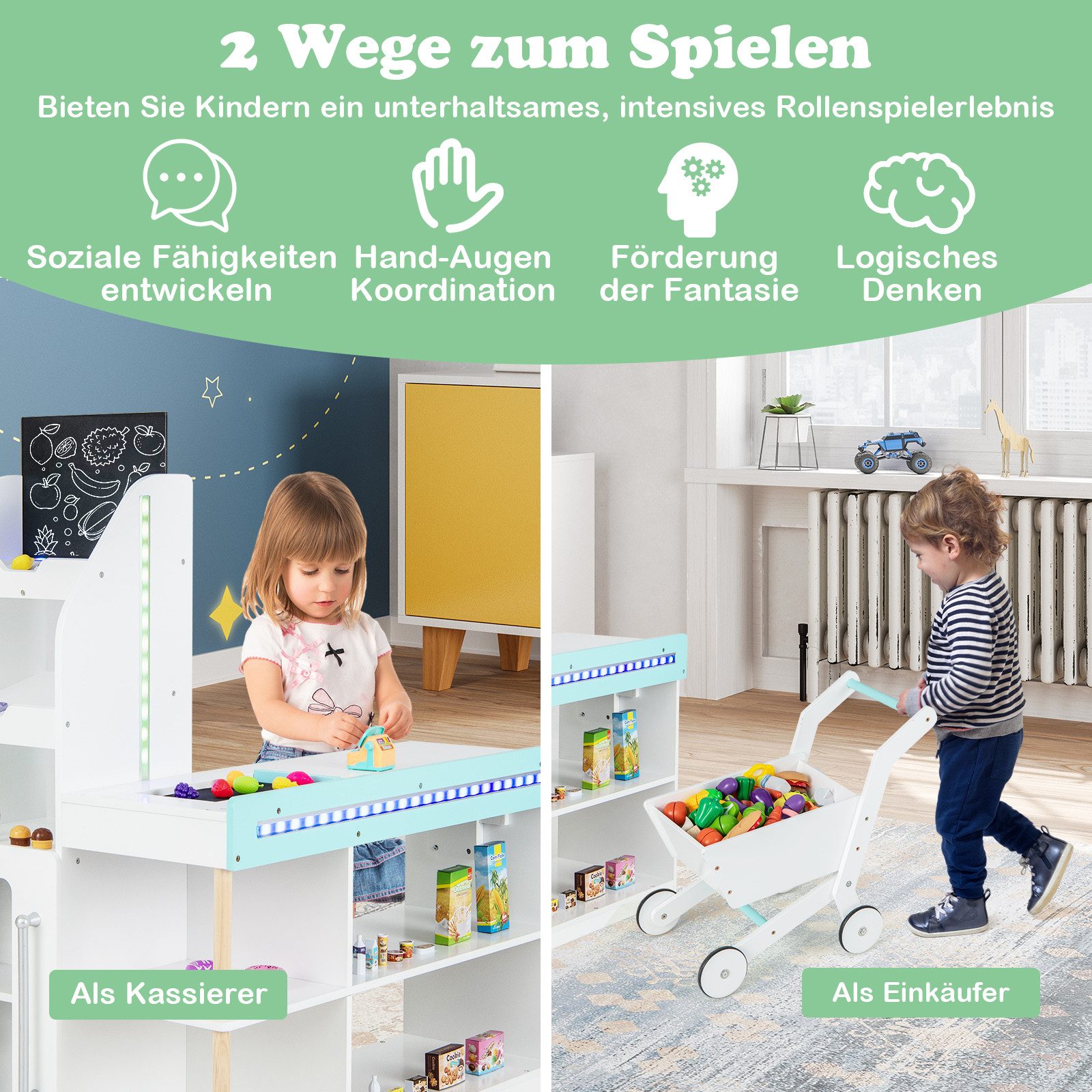 KOMFOTTEU Kaufladen, Kaufmannsladen mit Tafel & Registrierkasse