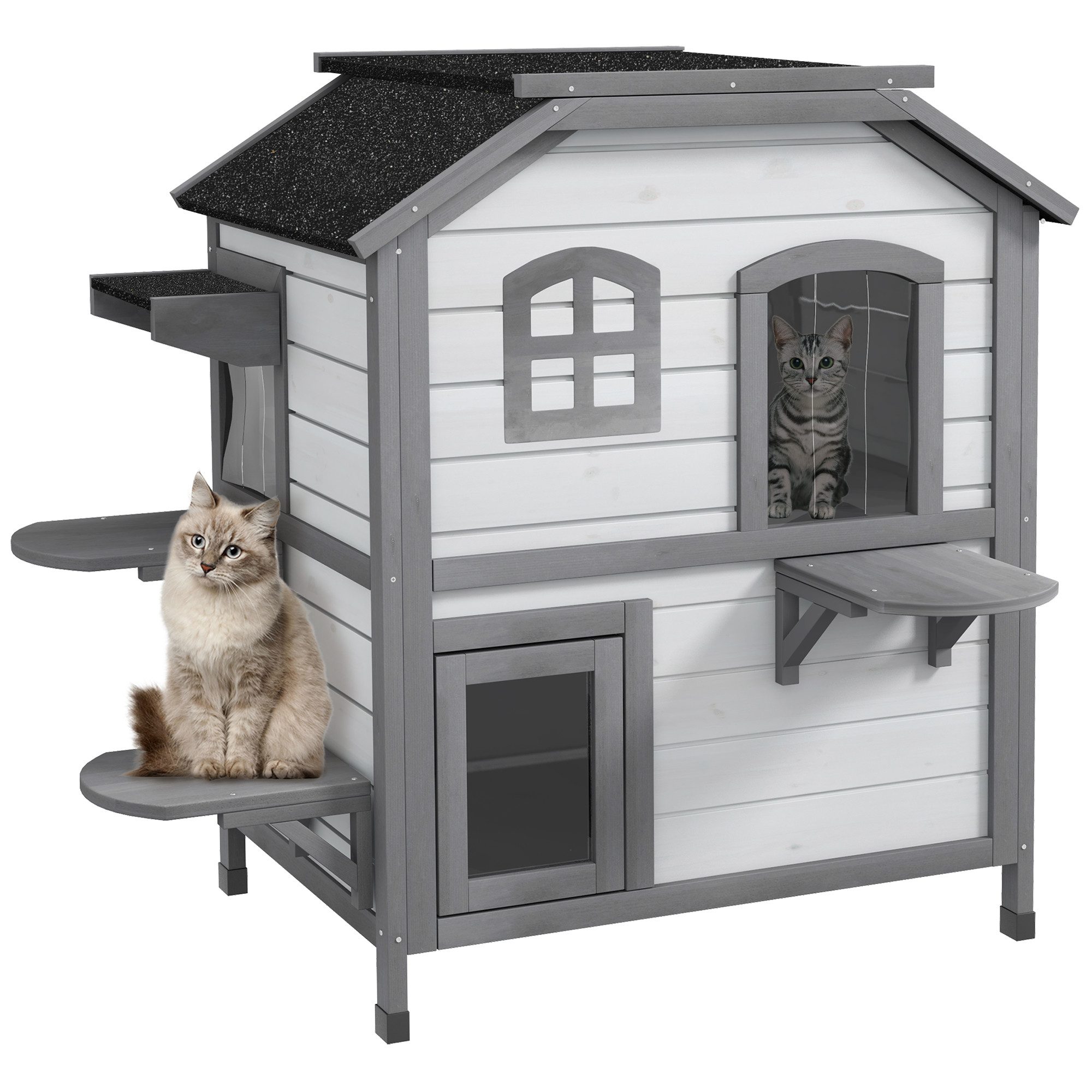 PawHut Tierhöhle Katzenhaus aus Holz, Outdoor Katzenhütte mit Treppe, 2-Etagen, für Katzen bis 4,5 kg, Weiß, 78 x 55,5 x 91 cm