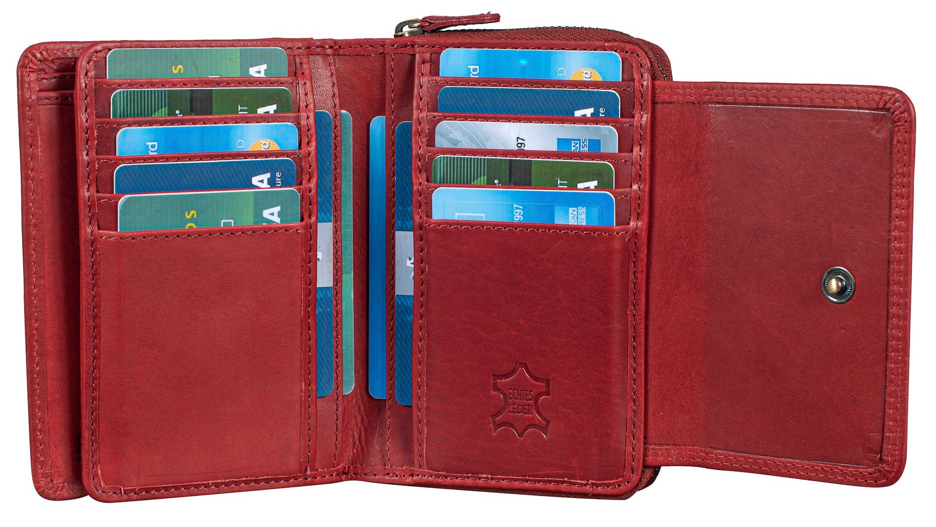 Benthill Geldbörse Damen Leder Geldbeutel Portemonnaie Echt Kartenfächer Münzfach 14 Rot Kartenfächer Reißverschlussfach RFID RFID-Schutz Frauen