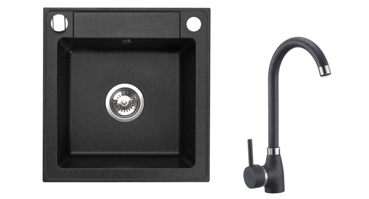 manestein Granitspüle Alvia Granit Küchenspüle mit Schwarz Armatur und Siphon 44x46cm, 44/16 cm, (inklusive ablaufgarnitur und Armatur)