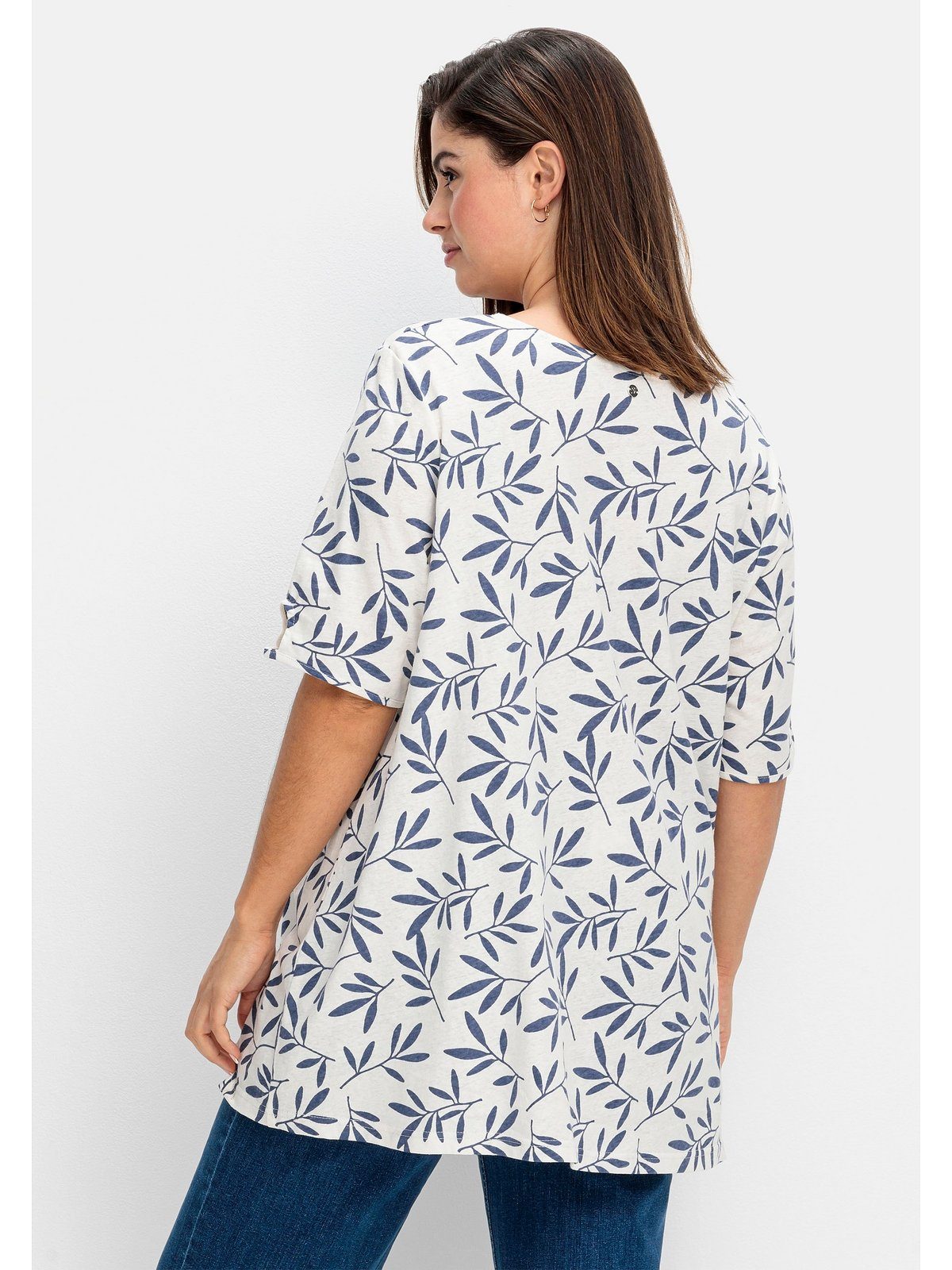 gemustert Blätterprint, im T-Shirt Leinen-Mix Große Sheego offwhite mit Größen