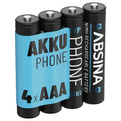 ABSINA Akku AAA für Telefon 800 mAh - 4er Pack NiMH wiederaufladbarer Micro AAA Akku mit 1,2V - AAA Akkus für DECT Telefon schnurlos, Schnurlostelefon, Haustelefon - Akkus AAA Akku 800 mAh (1.2 V)