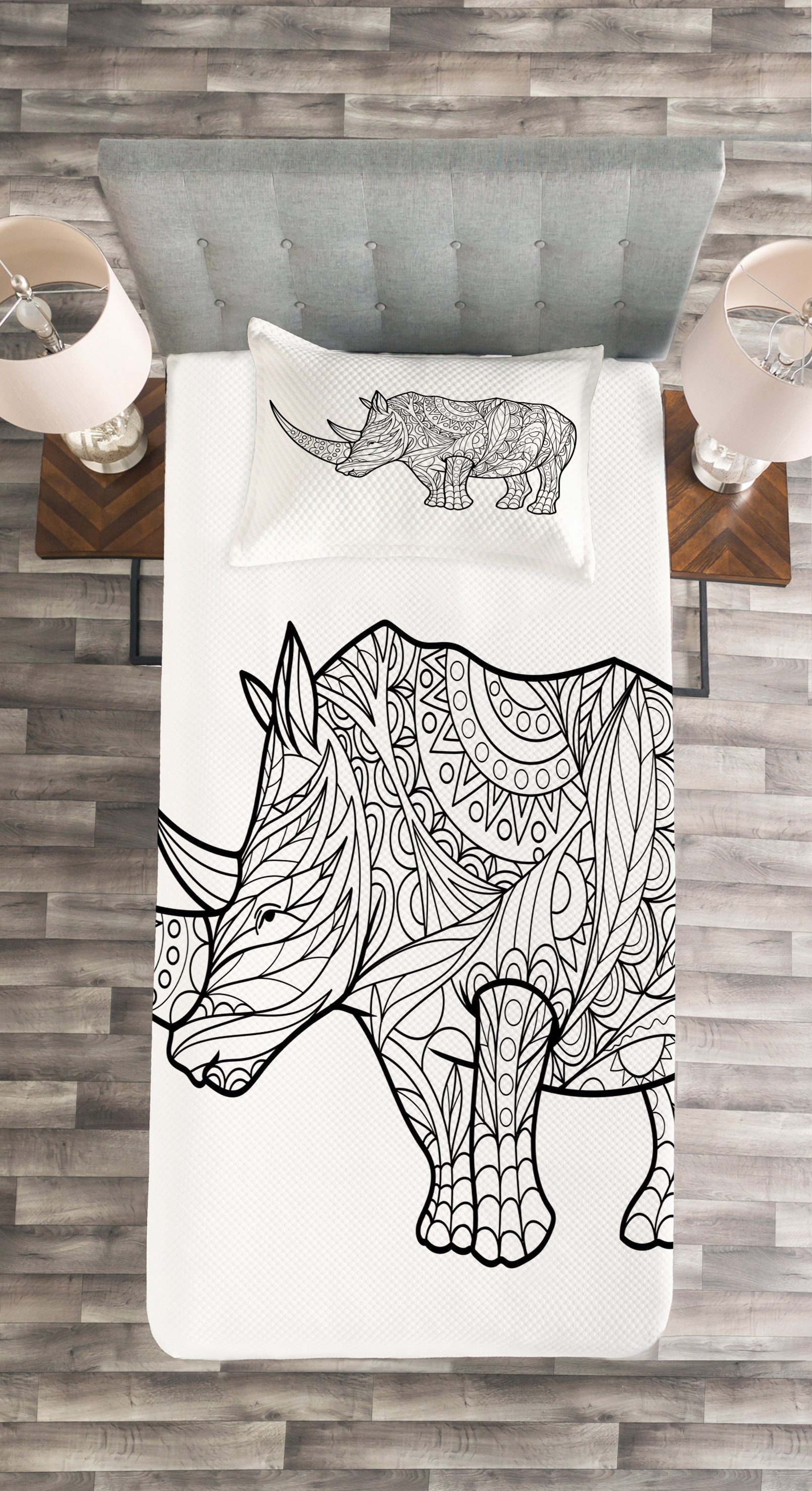 Waschbar, Set Abakuhaus, Tier-Skizze mit mit Kissenbezügen Tagesdecke Nashorn Blumen