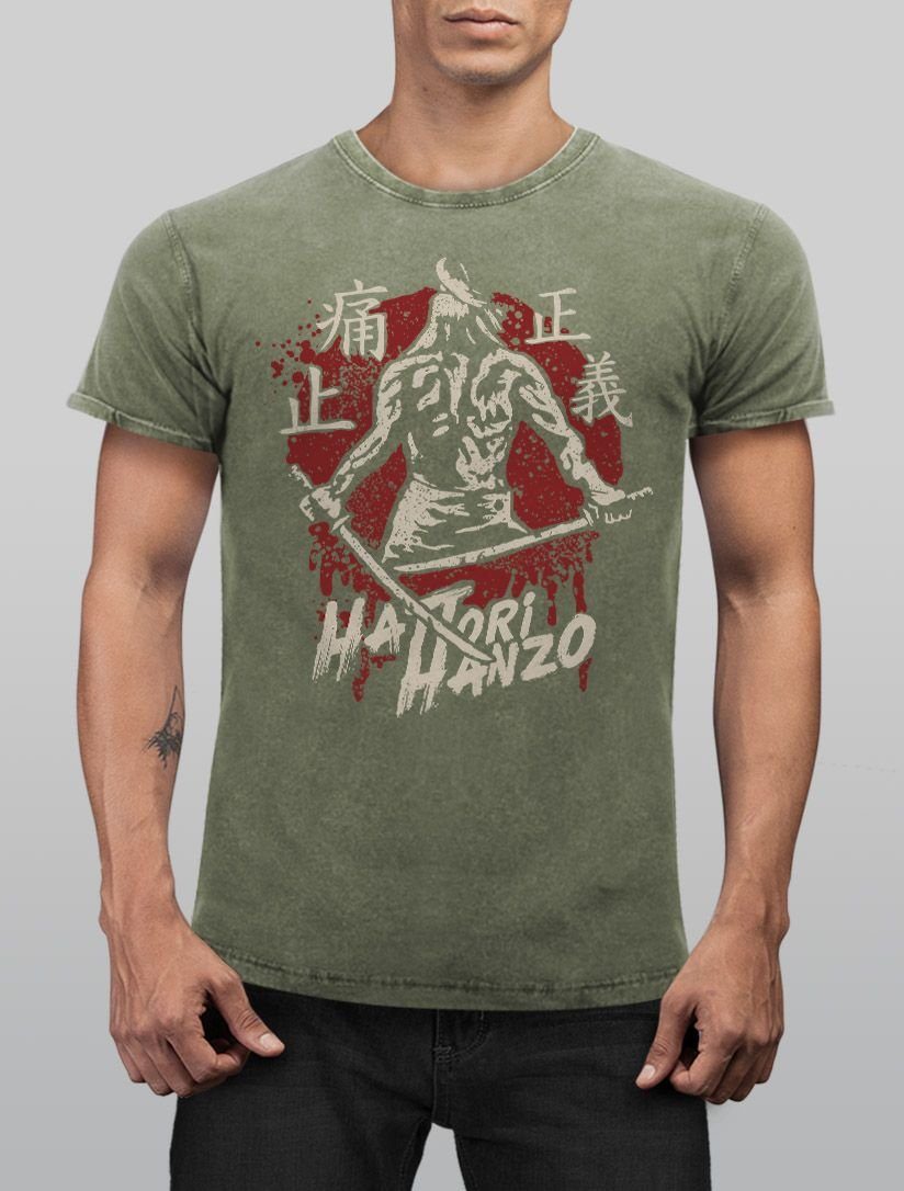 japanische Look Schriftzug Print-Shirt oliv Neverless® Print Herren Schwert Schriftzeichen Shirt Neverless Samurai Hattori mit Vintage Hanzo Used