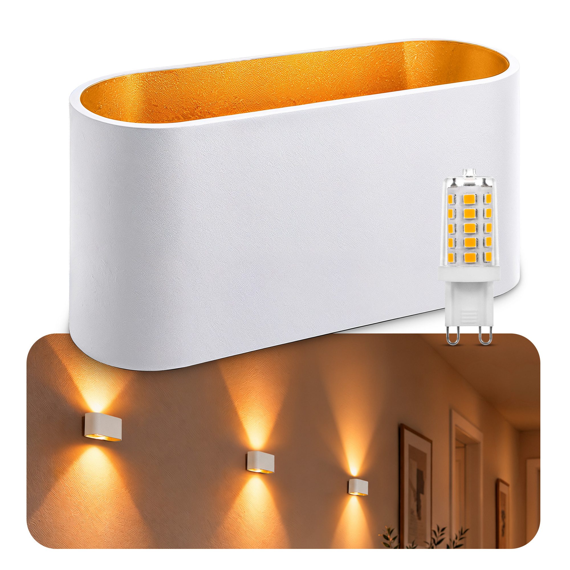 SSC-LUXon LED Wandleuchte JOBERO Wandlampe weiß gold Up & Down mit G9 LED warmweiß 3W, Warmweiß
