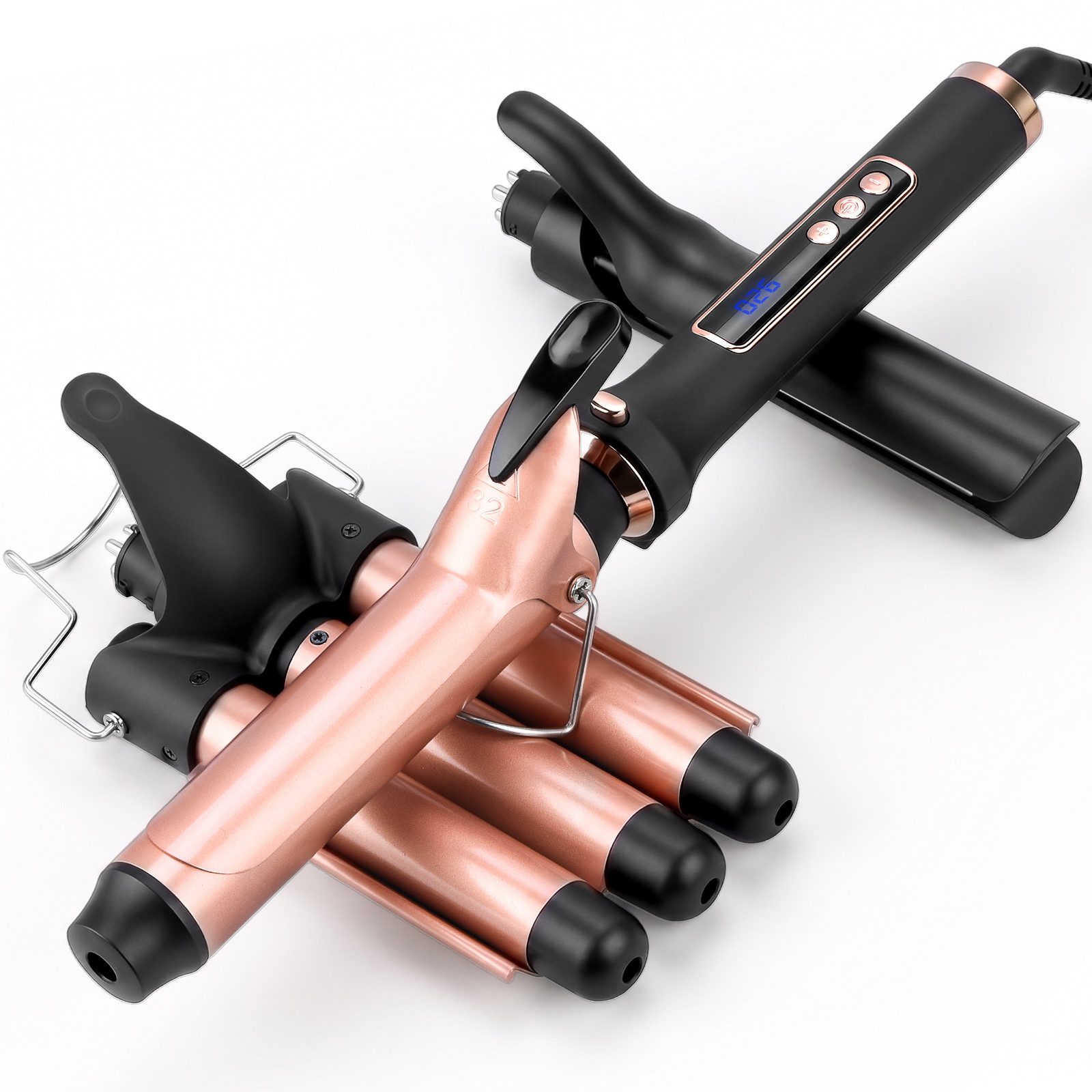 CkeyiN Pro Lockenstab Set 3 in 1,Glätteisen mit Verschiedenen Aufsätzen,Große Locken, Keramik Lockenstab 25mm/32mm,Lockenstäbe 3 Fässer, Ionen-Technologie,Schnellaufheizung,für Lange/kurze Haare