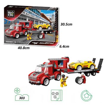Blocki Konstruktions-Spielset BLOCKI Autotransporter mit Anhänger Rennauto Bausatz Spielzeug 303 Tlg