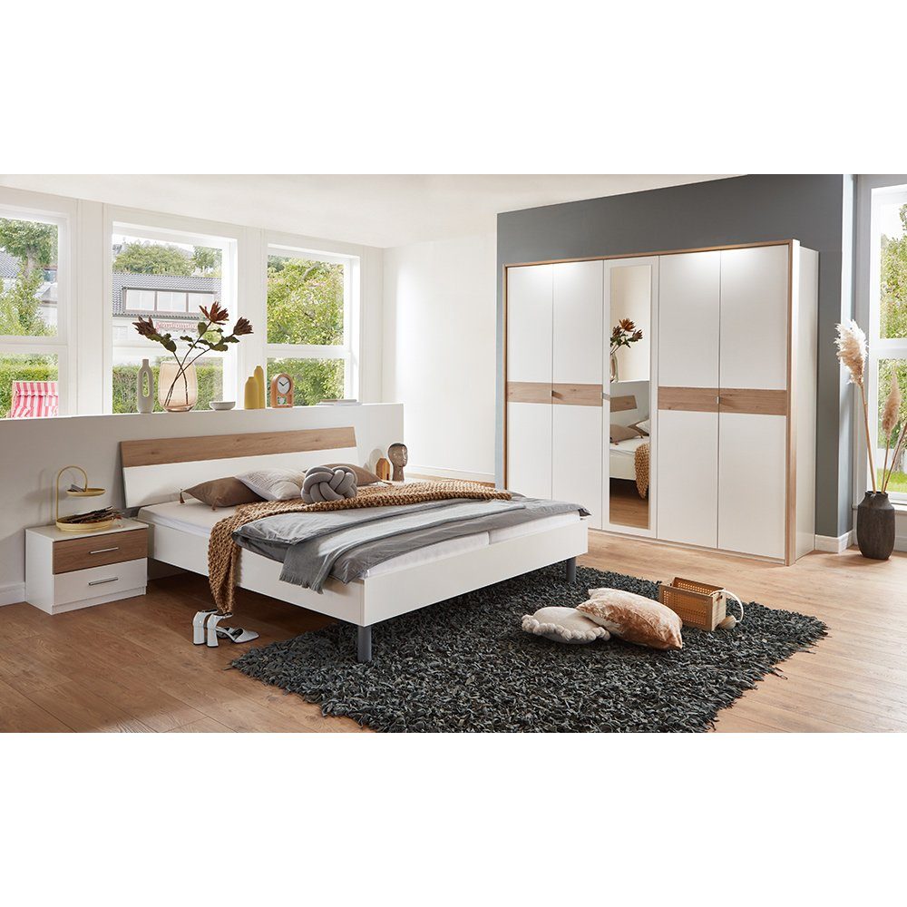 Lomadox Schlafzimmer-Set BRADFORD-43, (Spar-Set, 4-St), mit Bett 180x200 cm, Kleiderschrank 5-türig, weiß mit Eiche