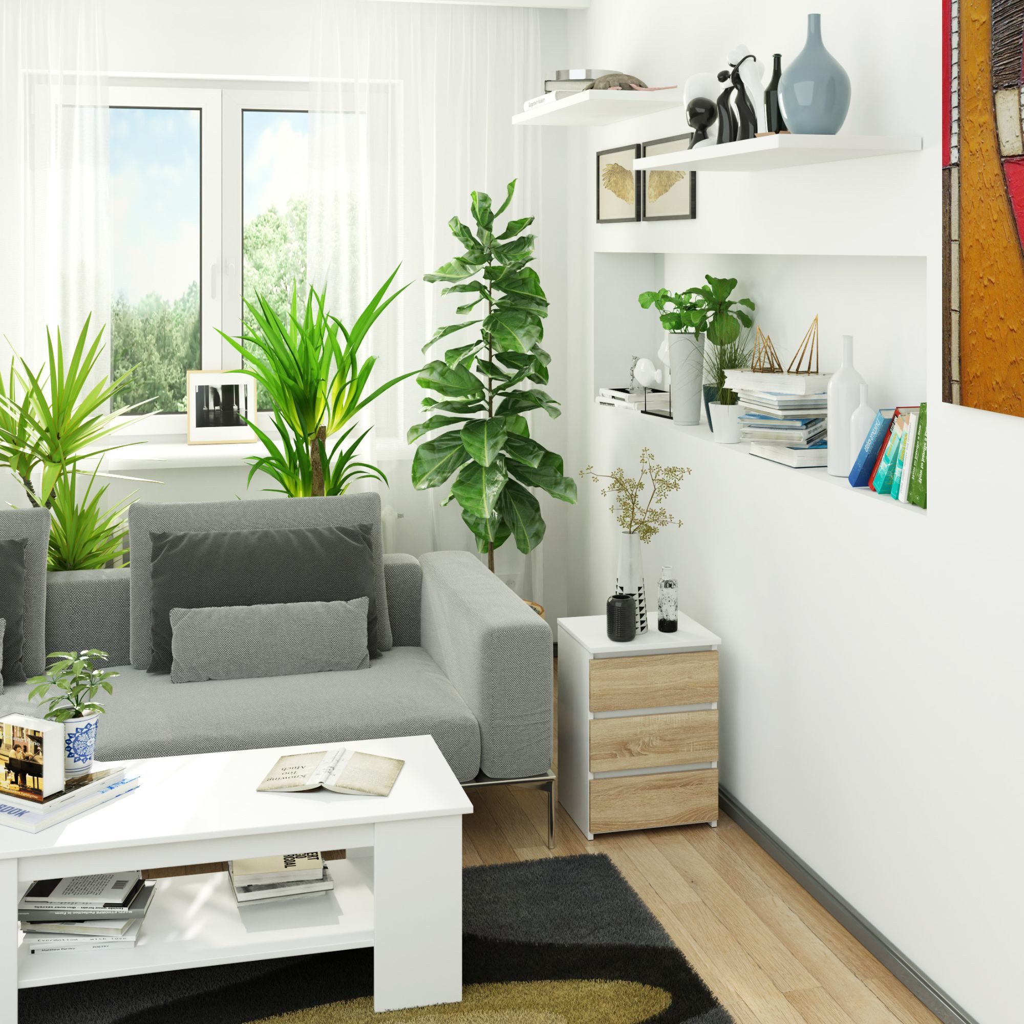 Home Collective Kommode 40 cm breit Holz Highboard Sideboard für Flur Schlafzimmer Wohnzimmer (Mehrzweckschrank Schrank schmal Kommode Schlafzimmer mit Schubladen), Kinderzimmer Organizer, 57 cm hoch mit 3 Schubladen weiß-sonoma Eiche