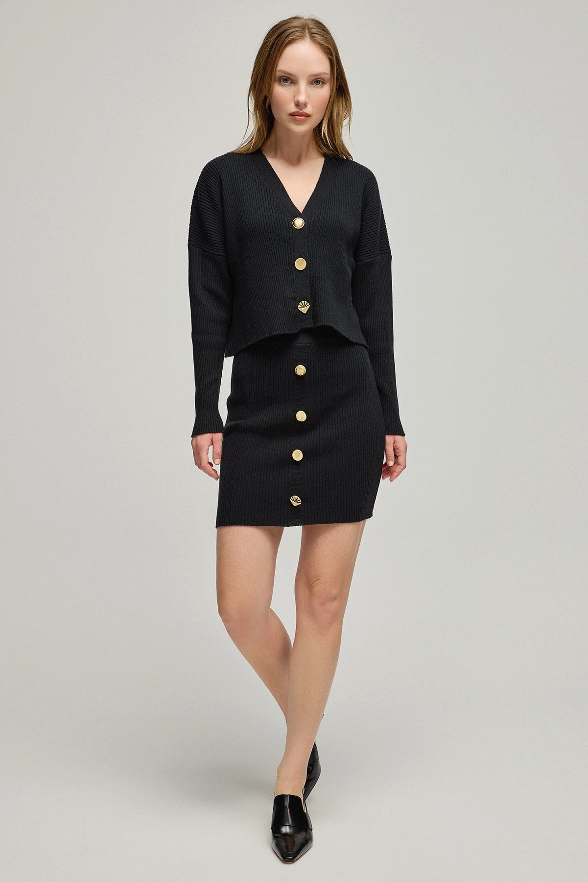 Silk and Cashmere Midirock Schwarzer, gerippter Minirock „Stella“ aus reiner Wolle für Damen